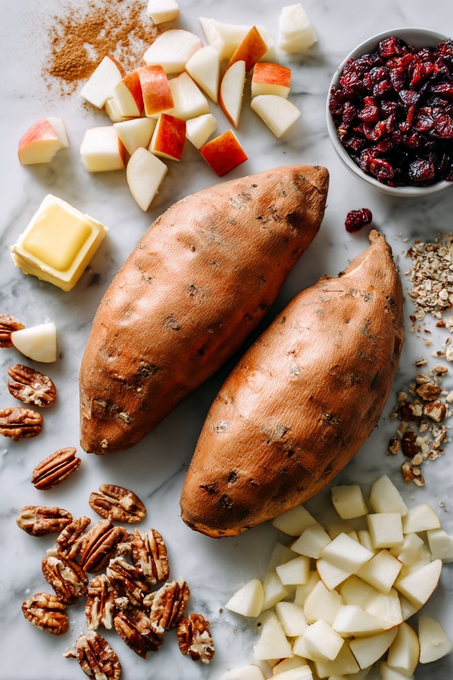 Flat lay of two medium roasted sweet potatoes with their skins slightly cracked open, surrounded by diced peeled apples, bright dried cranberries, a small pile of chopped pecans, a pat of golden butter, and scattered cinnamon and nutmeg powder, all beautifully arranged on a white marble surface, photo taken with an iphone --ar 2:3 --v 7 - Cranberry Apple Twice-Baked Sweet Potatoes, holiday sweet potato side dish, fall vegetarian main, cozy sweet potato recipe, fresh cranberry apple dessert