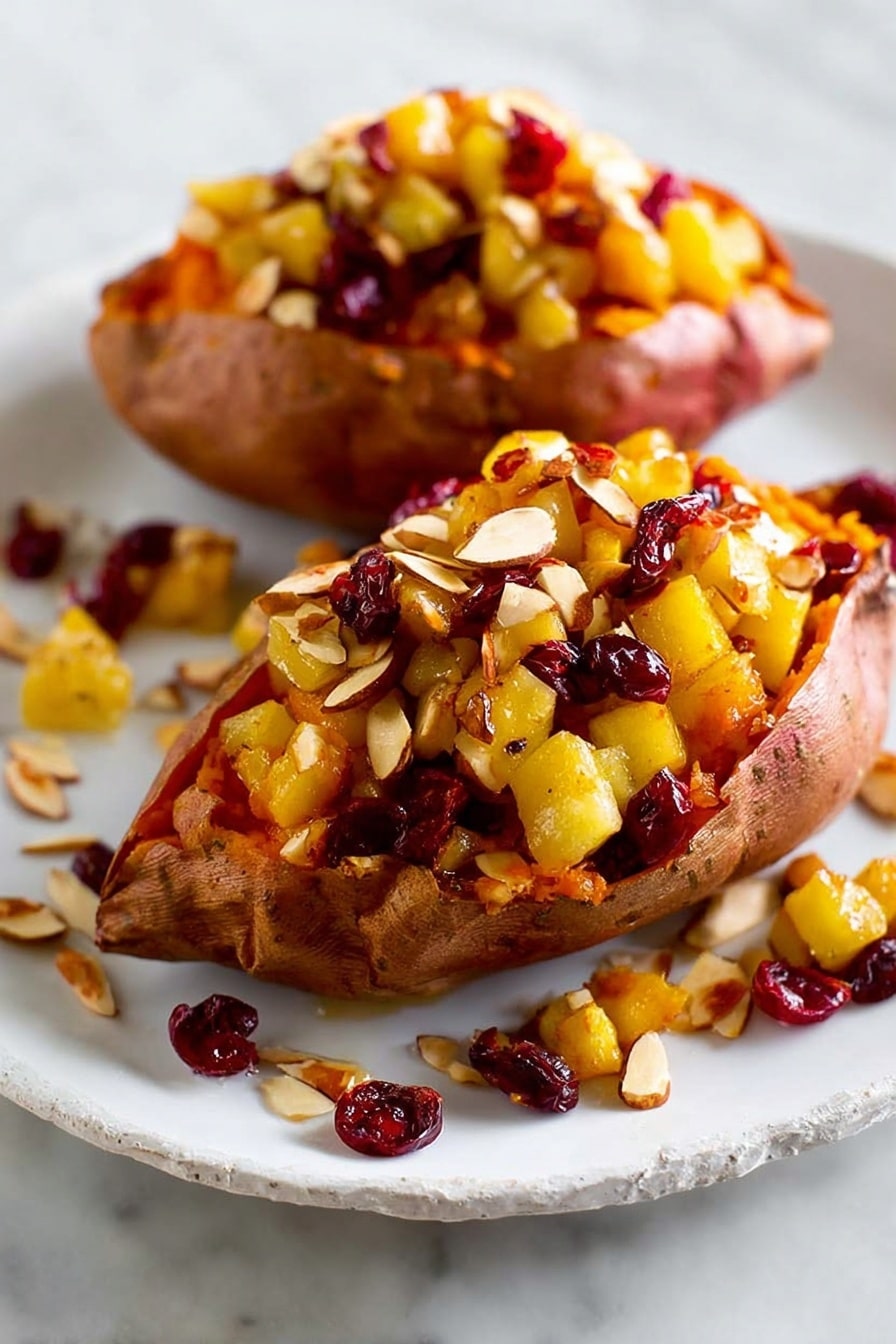 The image shows two baked sweet potatoes on a white plate with a slightly cracked texture, placed on a white marbled surface. Each sweet potato is split open and filled with a colorful topping made of chopped yellow fruit pieces, likely apples or pears, along with small red dried cranberries. There are also thinly sliced, light brown almond pieces mixed in. The toppings are layered loosely and slightly spilling over the sides of the sweet potatoes, with some of the fruit mix scattered around the plate. The skins of the sweet potatoes are reddish-brown with a soft texture, and the fruit topping looks fresh and juicy with a slight shine. photo taken with an iphone --ar 2:3 --v 7 - Cranberry Apple Twice-Baked Sweet Potatoes, holiday sweet potato side dish, fall vegetarian main, cozy sweet potato recipe, fresh cranberry apple dessert