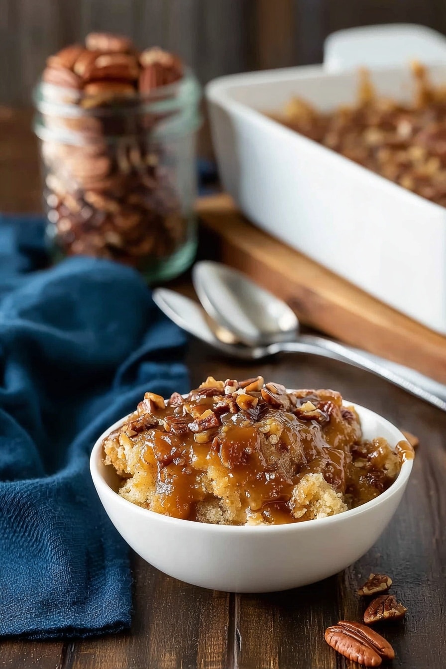 The image shows a white bowl filled with a dessert made of crumbly golden cake pieces topped with a thick layer of glistening caramel sauce and small, crunchy brown pecan nuts scattered on top. Behind the bowl, there is a glass jar filled with more pecans and a large white baking dish holding the rest of the dessert, with a slightly browned top. The bowl sits on a dark wooden surface with a dark blue cloth napkin folded beside it, and two large spoons rest near the baking dish. The photo taken with an iphone --ar 2:3 --v 7 - Pecan Pie Pudding Cake, easy pecan dessert, crowd-pleasing puddings, caramel pecan cake, best holiday dessert