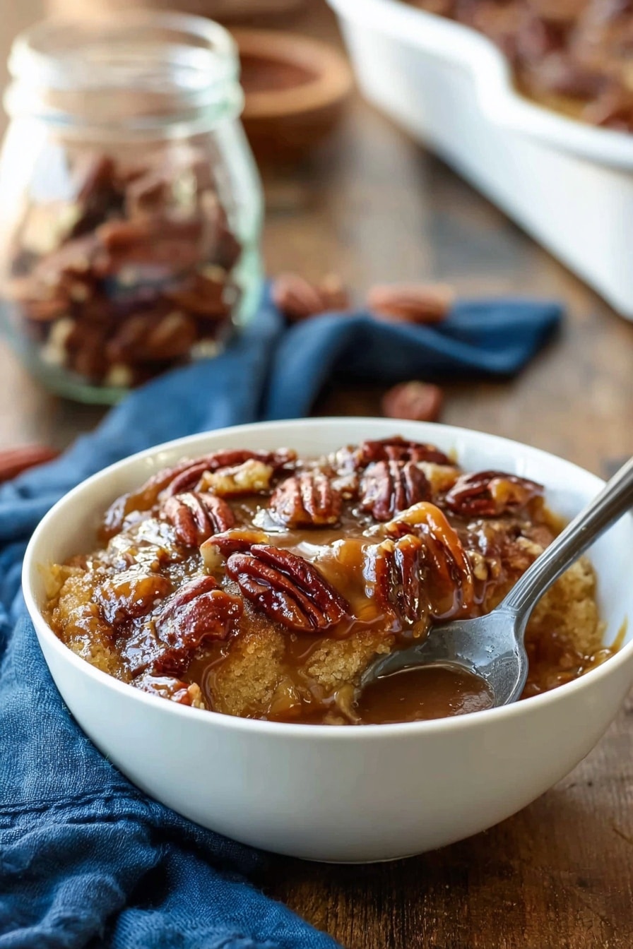 A white bowl filled with a layered dessert featuring a golden brown cake base topped with a thick, shiny caramel sauce that coats the surface and pools in some areas, sprinkled generously with toasted pecans that add texture and a rich brown color contrast; the bowl sits on a wooden table next to a dark spoon resting inside it, with a glass jar of pecans and a blue cloth napkin in the blurred background, alongside a white baking dish partly visible on a white marbled surface photo taken with an iphone --ar 2:3 --v 7 - Pecan Pie Pudding Cake, easy pecan dessert, crowd-pleasing puddings, caramel pecan cake, best holiday dessert