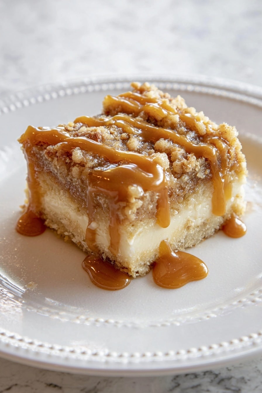 The image shows a single square piece of crumb cake on a white plate with small dotted edging. The cake has three layers: a light beige base layer, a cream-colored middle layer that looks soft, and a crumbly golden brown top layer with small, coarse crumbs. Drizzled over the crumb layer is a thick caramel sauce in uneven, shiny ribbons that flow down the sides of the cake. The plate sits on a white marbled surface. photo taken with an iphone --ar 2:3 --v 7 - Caramel Apple Cheesecake Bars, fall dessert recipes, apple dessert bars, creamy cheesecake bars, caramel apple bars