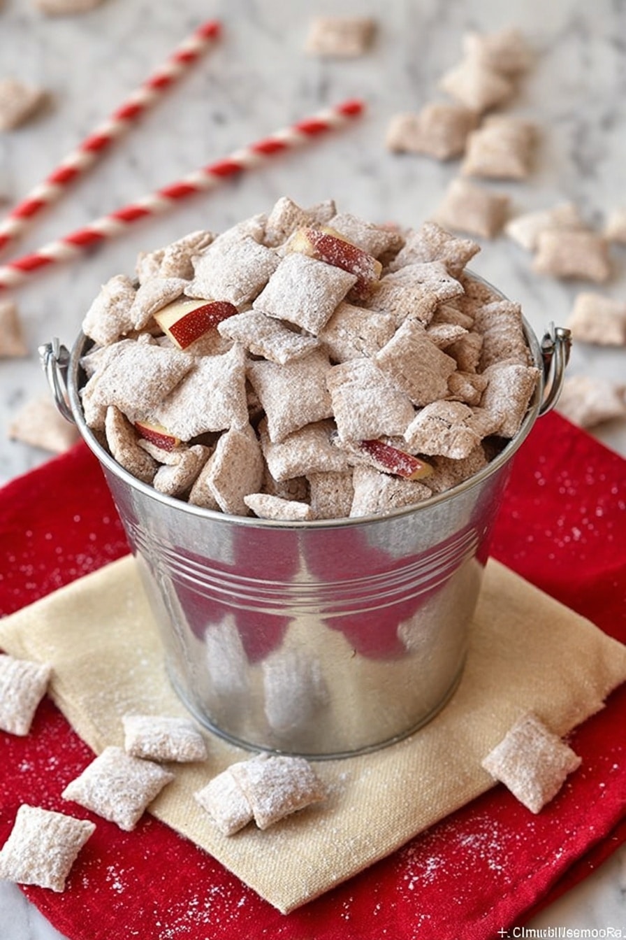 A shiny silver metal bucket filled to the top with small, square-shaped cereal pieces covered in white powdered sugar and mixed with thin slices of dried red apple. The bucket sits on a light beige cloth on top of a bright red cloth on a white marbled surface. More cereal pieces are scattered around the bucket on the cloth and surface, with a red and white striped straw lying flat nearby. The overall look is cozy and inviting. photo taken with an iphone --ar 2:3 --v 7 - Caramel Apple Puppy Chow, fall snack recipes, easy puppy chow ideas, caramel apple treats, sweet crunchy snacks