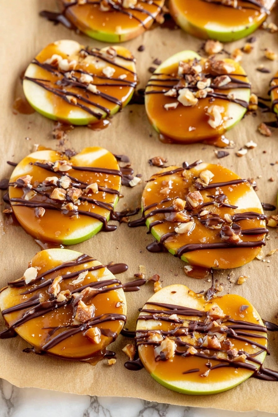 The image shows round green apple slices arranged on a light brown parchment paper with a white marbled texture underneath. Each apple slice has a thick layer of smooth caramel sauce covering the top, followed by a sprinkle of chopped nuts scattered evenly on the caramel. Dark chocolate sauce is drizzled randomly over the caramel and nuts in thin, shiny lines, adding a glossy contrast. The caramel slightly spills over the edges of the apple slices, creating a soft, sticky border around each piece. photo taken with an iphone --ar 2:3 --v 7 - Caramel Apple Slices with Chocolate Drizzle and Nuts, apple dessert ideas, fall treat recipes, easy caramel apple snacks, chocolate nut apple slices