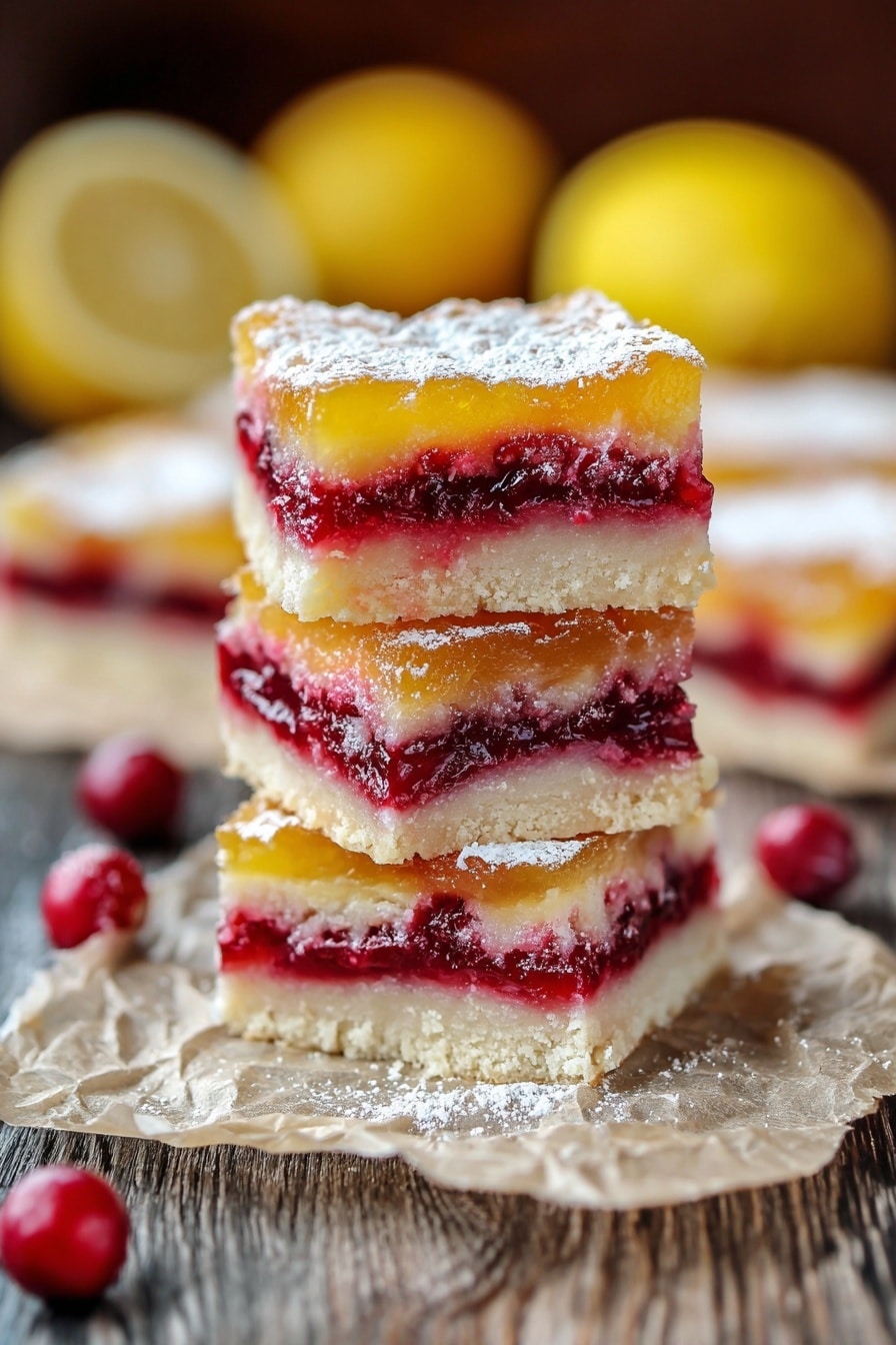 A stack of three square dessert bars is shown, each with three distinct layers: a pale, crumbly base layer, a middle layer of bright red fruit filling with visible berries, and a top layer of shiny, golden yellow jelly-like topping. The bars have a dusting of white powdered sugar on top and are placed on crumpled parchment paper, which rests on a rustic wooden surface. Additional similar bars and whole yellow lemons are blurred in the background, with scattered whole red berries around the base. The photo taken with an iphone --ar 2:3 --v 7 - Cranberry Lemon Bars, Lemon Cranberry Bars, Tart and Sweet Lemon Bars, Easy Holiday Bar Desserts, Zesty Fruit Bars