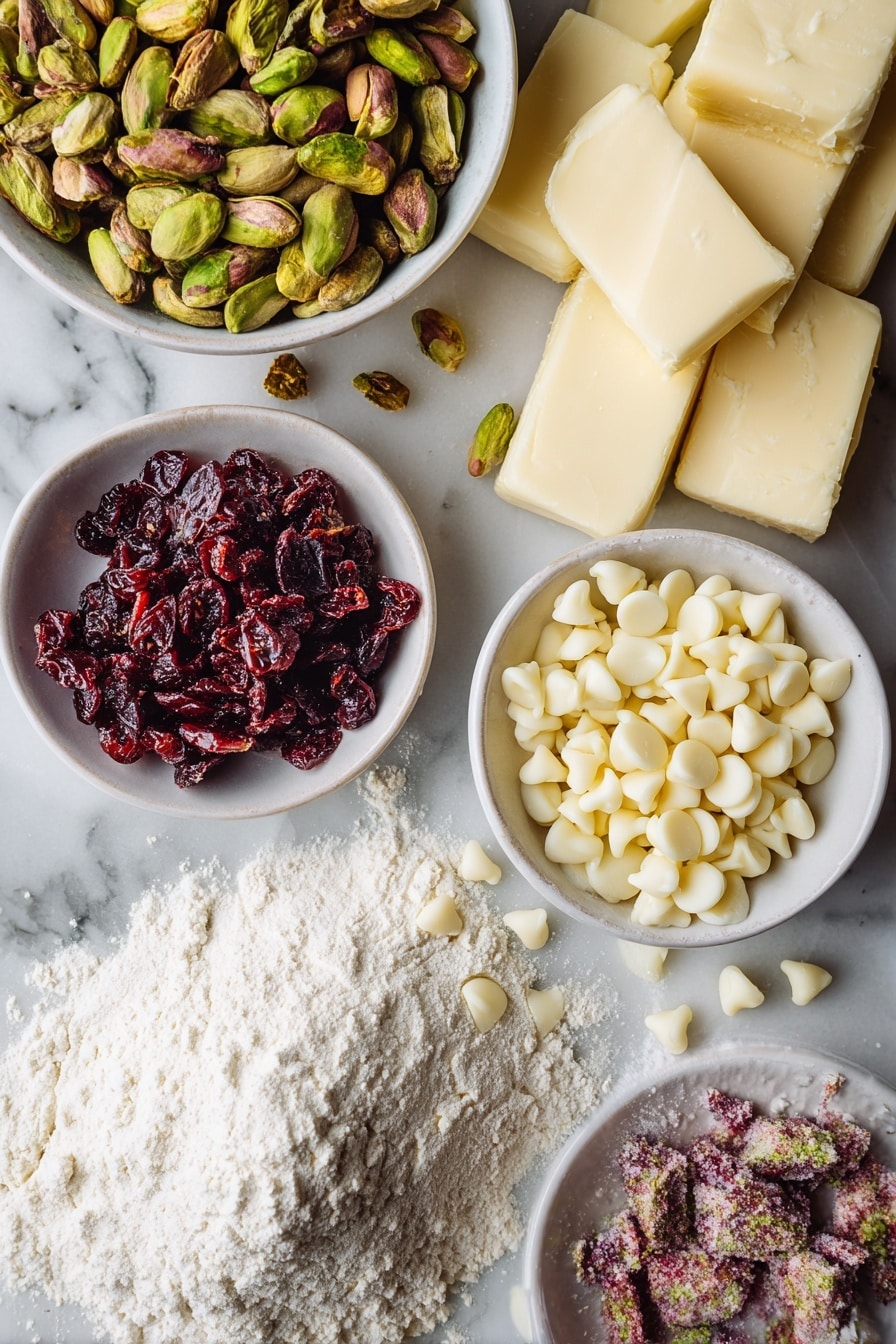 Flat lay of shelled unsalted pistachios with their vibrant green and purple hues, bright red chopped dried cranberries scattered gently, creamy white chocolate chips glistening softly, smooth room temperature unsalted butter in soft golden blocks, fine granulated sugar sparkling like tiny crystals, and a pile of pale all-purpose flour, all beautifully arranged on a white marble surface, photo taken with an iphone --ar 2:3 --v 7 - Pistachio Cranberry Shortbread, festive shortbread cookies, easy holiday cookies, buttery pistachio cookies, cranberry white chocolate cookies