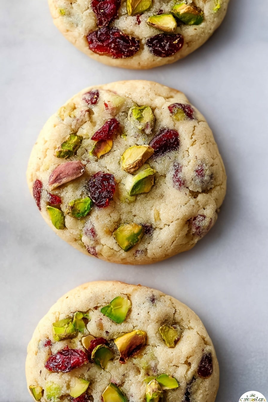 Three round cookies are placed in a vertical line on a white marbled surface. Each cookie has a light golden-brown base with a slightly cracked texture. On the surface of the cookies, bright green chunks of pistachios and dark red dried cranberries are scattered unevenly, adding color contrast. The cookies appear soft and thick, with visible nut and fruit pieces embedded throughout. The photo is close-up with soft natural light highlighting the textures. photo taken with an iphone --ar 2:3 --v 7 - Pistachio Cranberry Shortbread, festive shortbread cookies, easy holiday cookies, buttery pistachio cookies, cranberry white chocolate cookies