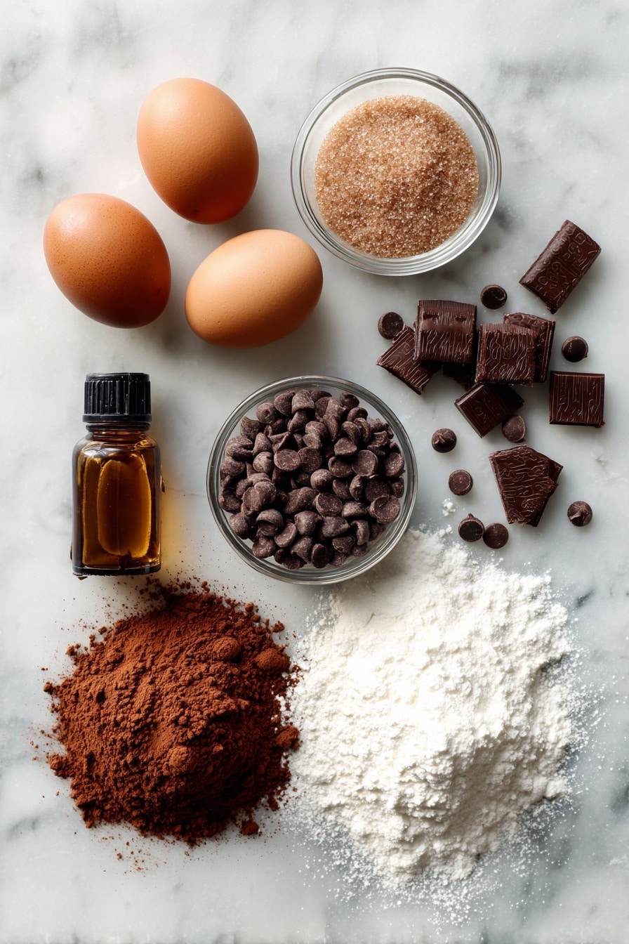 Flat lay of rich unsweetened Dutch process cocoa powder, granulated sugar crystals sparkling softly, packed brown sugar clumps, smooth dark espresso powder, small glossy mini semi sweet chocolate chips, fresh shiny brown eggs, warm amber-colored vanilla extract in a small bottle, and light powdered sugar dusted gently on the surface, all beautifully arranged with careful spacing and balance, placed on a white marble surface, photo taken with an iphone --ar 2:3 --v 7 - Chocolate Crinkle Cookies, Chocolate Crinkle Cookies Recipe, Easy Crinkle Cookies, Fudgy Chocolate Cookies, Chewy Crinkle Cookies