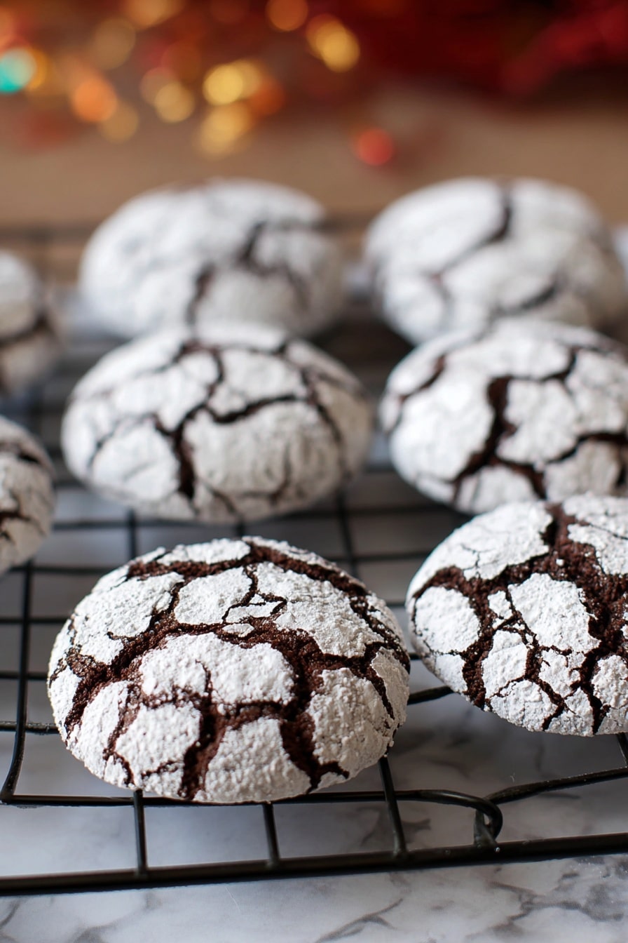 The image shows a close-up of seven round chocolate crinkle cookies on a black metal cooling rack over a white marbled surface. Each cookie has a thick cracked layer of white powdered sugar dusting on top that reveals dark brown chocolate underneath through deep, uneven cracks. The cookies have a soft, slightly raised shape with rough, floury texture on the white powdered parts and a moist, dense look in the chocolate cracks. The background is softly blurred with warm colors that contrast with the sharp focus on the cookies. photo taken with an iphone --ar 2:3 --v 7 - Chocolate Crinkle Cookies, Chocolate Crinkle Cookies Recipe, Easy Crinkle Cookies, Fudgy Chocolate Cookies, Chewy Crinkle Cookies