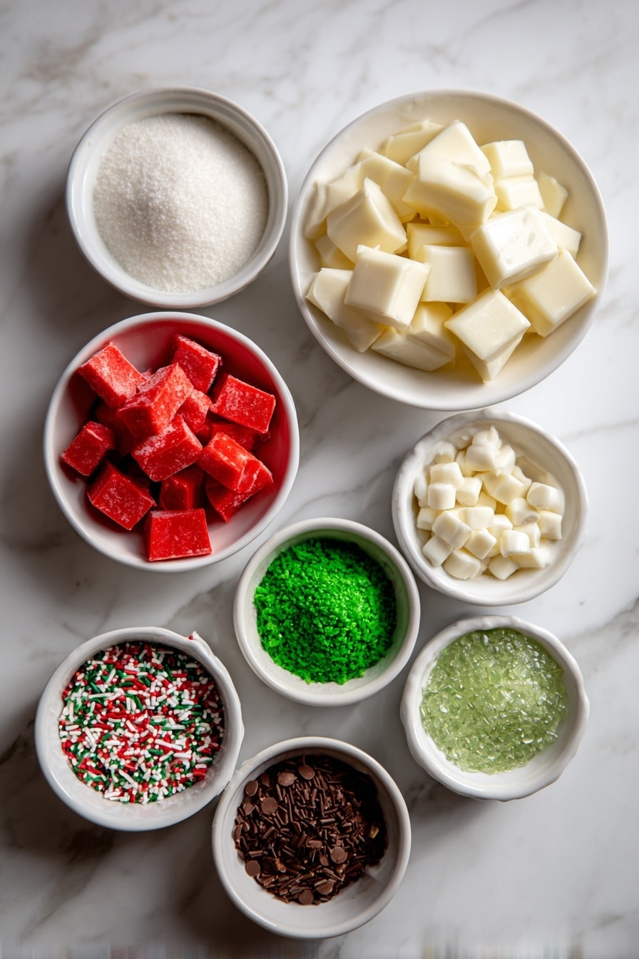 Flat lay of vibrant Little Debbie Christmas Tree Cakes unwrapped to reveal their colorful layers, scattered festive sprinkles in red, green, and white hues, smooth white chocolate candy melts partially melted with a glossy texture, bright red candy melts gently pooled for drizzling, and sparkling green sanding sugar crystals catching the light, all beautifully arranged with contrast and balance, placed on a white marble surface, photo taken with an iphone --ar 2:3 --v 7 - Christmas Tree Cake Truffles with Little Debbie Cakes, Christmas cake truffles, festive holiday treats, easy Christmas dessert recipe, homemade Christmas truffles