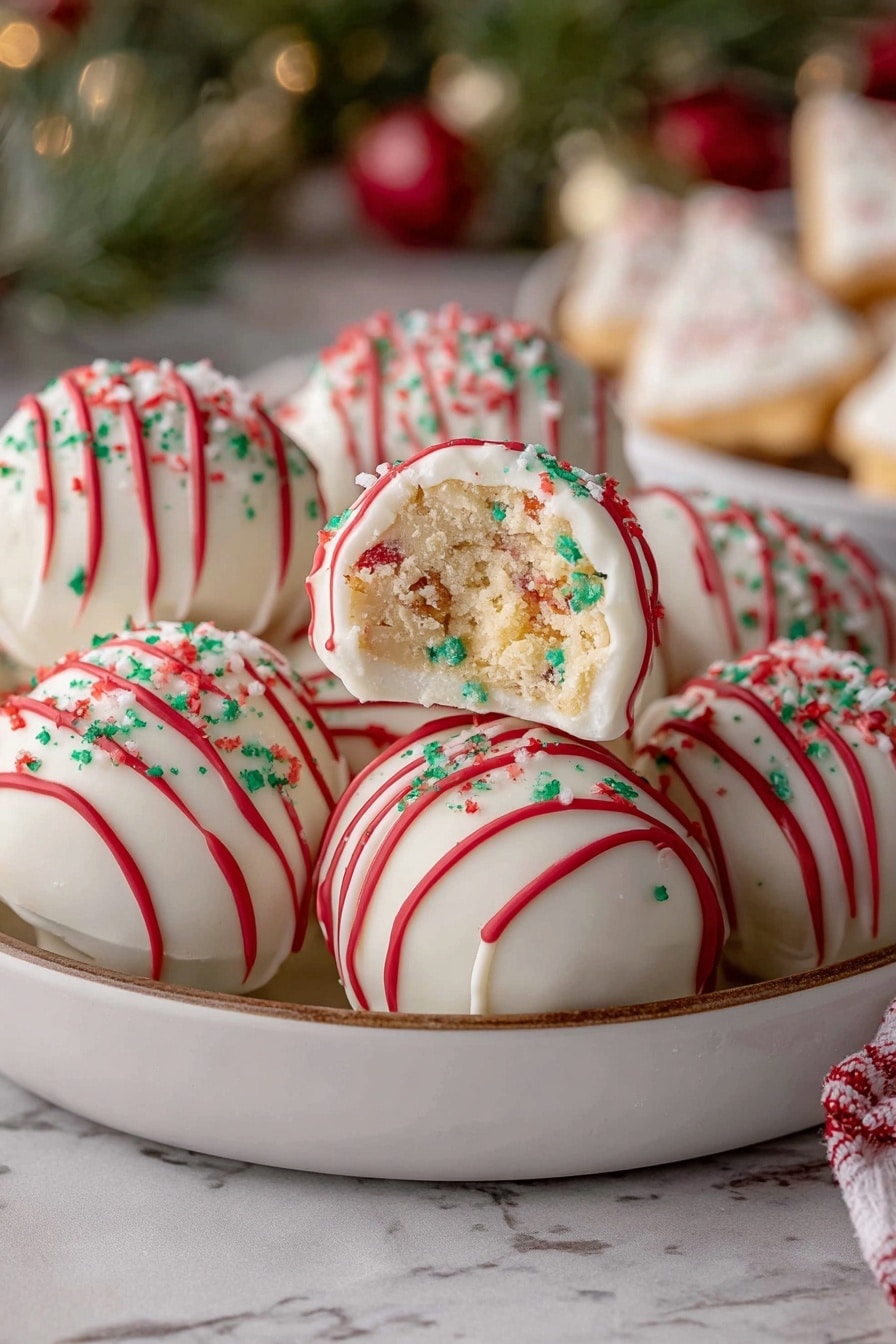 A white oval plate holds multiple round white treats with a smooth texture. Each treat is decorated with three thin red stripes swirling around them and topped with small green specks. One treat shaped like a star is also decorated with red stripes and green specks, slightly separated from the round ones at the top right of the plate. The plate rests on a white marbled surface with soft warm lights and green blurred foliage in the background. Photo taken with an iphone --ar 2:3 --v 7 - Christmas Tree Cake Truffles with Little Debbie Cakes, Christmas cake truffles, festive holiday treats, easy Christmas dessert recipe, homemade Christmas truffles