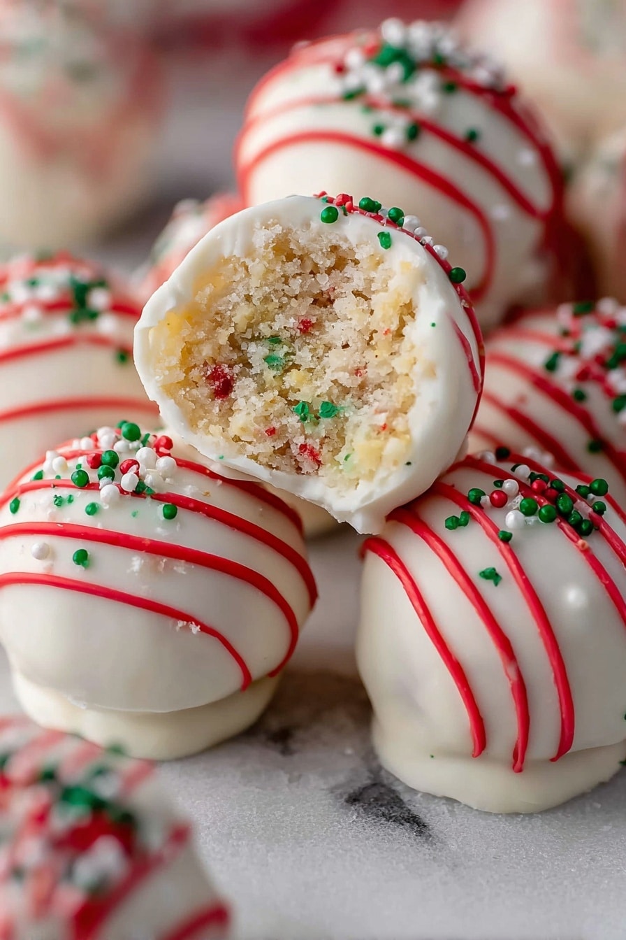 The image shows several round white balls with a smooth outer layer covered in white coating. Each ball is decorated with thin red stripes running across the surface and small green sprinkles scattered on top. One ball is cut in half at the center of the image, revealing a crumbly inside with small red and green bits mixed within a light beige filling. The treats rest on a white marbled surface. Photo taken with an iphone --ar 2:3 --v 7 - Christmas Tree Cake Truffles with Little Debbie Cakes, Christmas cake truffles, festive holiday treats, easy Christmas dessert recipe, homemade Christmas truffles