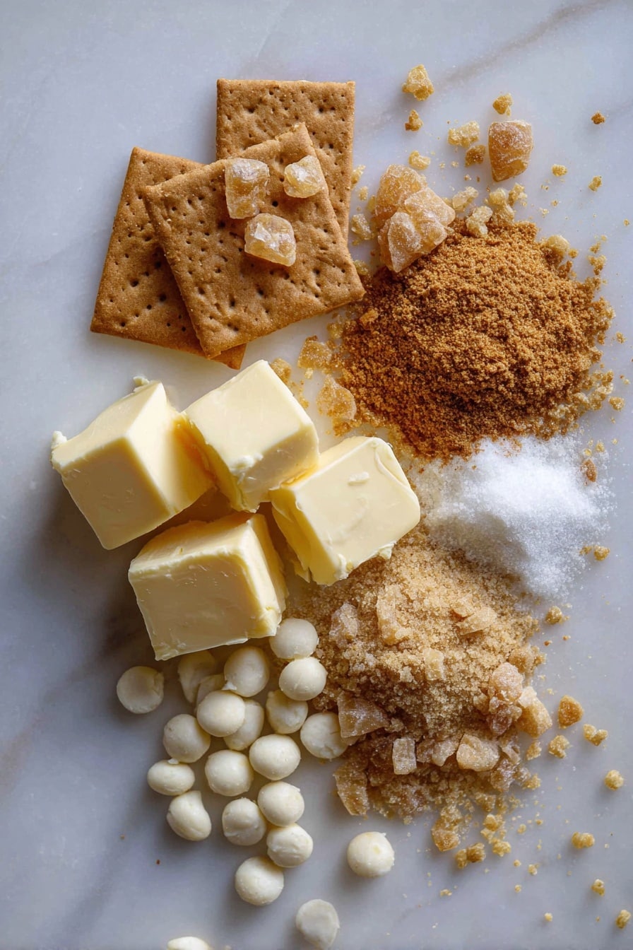 Flat lay of golden salted butter cubes, rich brown sugar crystals, crunchy saltine crackers, smooth white chocolate chips, and a small pile of cinnamon sugar mix featuring fine white sugar with warm brown cinnamon powder, all beautifully arranged with a few scattered sugar granules and cracker crumbs for texture, placed on a white marble surface, photo taken with an iphone --ar 2:3 --v 7 - Churro Saltine Toffee, Saltine Toffee Recipe, Easy Toffee Snacks, Salty Sweet Toffee, Crowd-Pleasing Toffee Treats