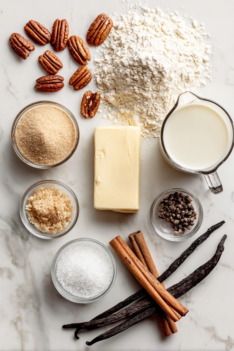 Flat lay of golden challah bread slices, whole pecans, a stick of creamy unsalted butter, a small pile of light brown sugar, a glass of maple syrup, a bowl of smooth milk, whole cinnamon sticks, vanilla beans, and sparkling sea salt flakes, all beautifully arranged on a white marble surface, photo taken with an iphone --ar 2:3 --v 7 - Pecan Pie French Toast, decadent brunch recipes, easy breakfast ideas, sweet nutty French toast, holiday brunch dessert