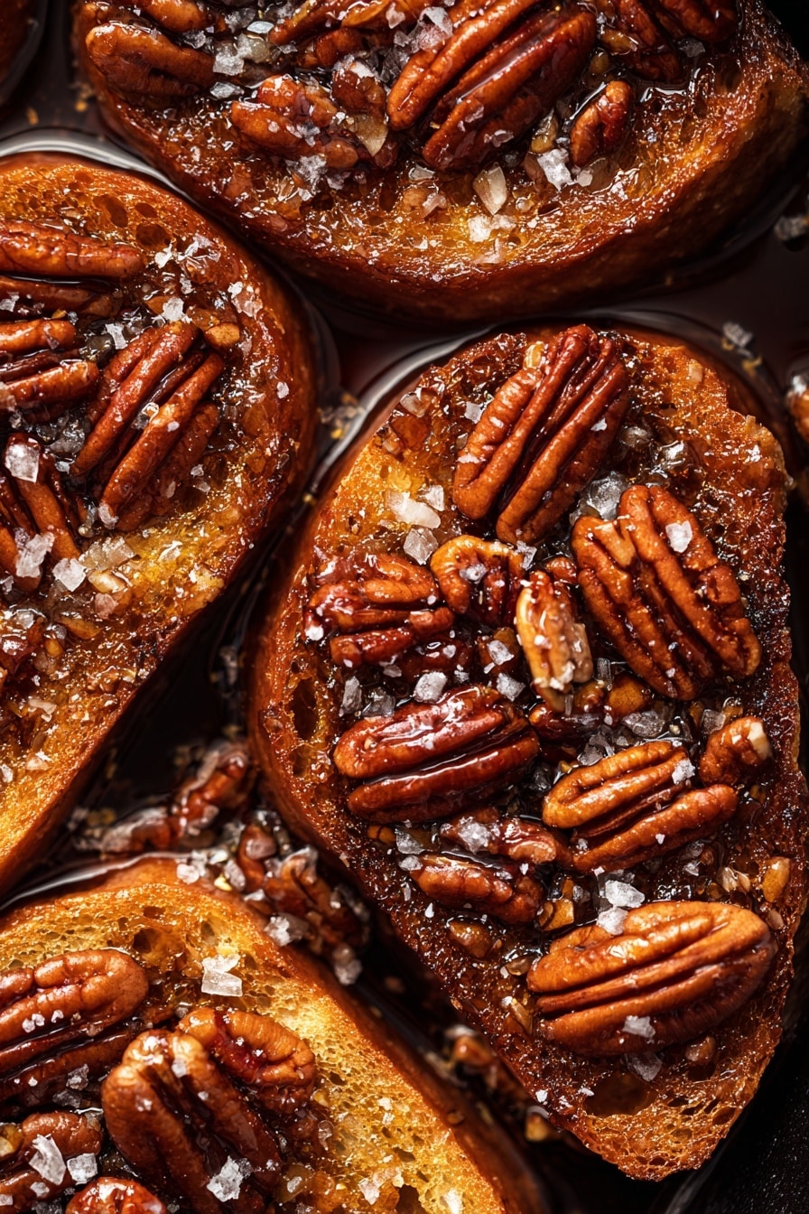 A thick, golden-brown pastry sits in the center of a white plate with dark blue patterns, topped with a handful of shiny, toasted pecans that are deep brown and glossy. A thick, dark amber syrup is being poured over the pastry from above, creating a shiny coating that catches the light. The pastry looks soft inside with a crispy, golden crust on the outside. Some pecans are scattered around the base of the pastry on the plate, and there is a light sprinkle of coarse salt on top of the pecans and pastry. The background is a white marbled texture. Photo taken with an iphone --ar 2:3 --v 7 - Pecan Pie French Toast, decadent brunch recipes, easy breakfast ideas, sweet nutty French toast, holiday brunch dessert