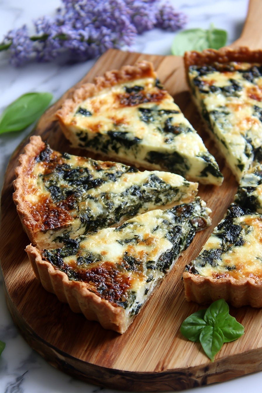 The image shows a quiche cut into slices on a wooden and black marble cutting board, placed on a white marbled surface. The quiche has a golden-brown crust with slightly raised edges, holding a creamy yellow egg filling mixed with dark green spinach leaves. Melted cheese on top is bubbly and browned in spots, creating a textured surface of white and golden colors. There is a small bunch of fresh green basil leaves placed on one of the slices. In the background, soft purple flowers add a gentle touch of color. Photo taken with an iphone --ar 2:3 --v 7 - Egg Tortilla Bake 2 Ways, breakfast baked eggs with tortillas, easy breakfast casserole, versatile brunch recipes, quick egg and cheese bake