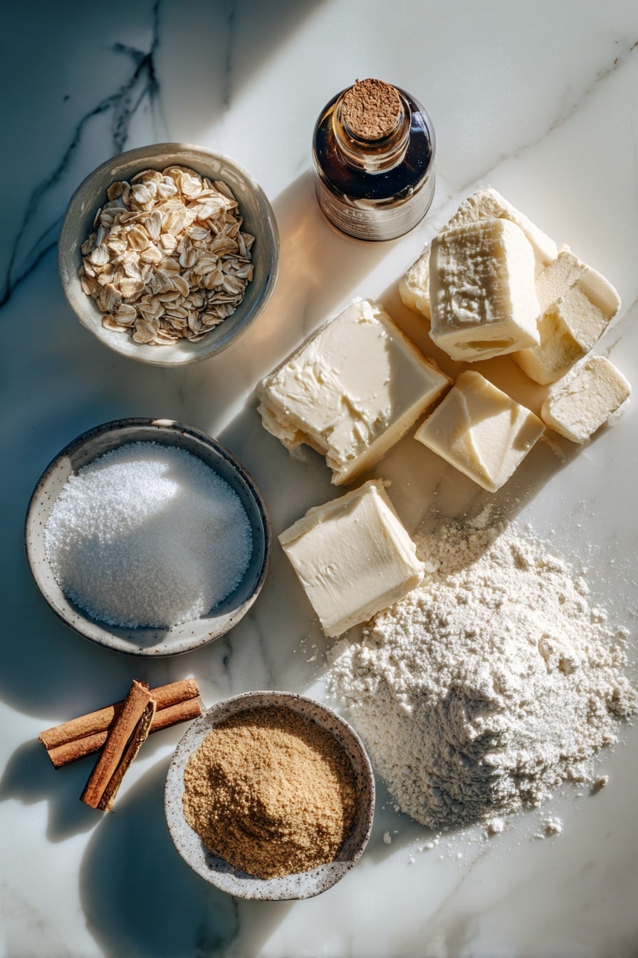 Flat lay of a rustic loaf of French bread sliced into thick cubes, smooth blocks of full-fat cream cheese and mascarpone, a small bowl of light brown sugar crystals, a sprinkle of rolled oats, cold cubed butter pieces, a dusting of ground cinnamon, a little pile of confectioners’ sugar, and a small glass bottle of pure vanilla extract, all beautifully arranged with soft natural light highlighting their textures, placed on a white marble surface, photo taken with an iphone --ar 2:3 --v 7 - Cream Cheese Mascarpone French Toast Casserole with Crumb Topping, gourmet French toast casserole, breakfast casserole with cream cheese, make-ahead brunch recipes, indulgent breakfast ideas