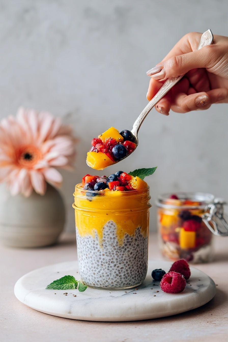 A clear glass jar filled with three visible layers: the bottom layer is white chia pudding with black chia seeds and some small pieces of fruit; the middle layer is a thick, bright orange mango puree that swirls into the chia pudding; the top layer is a mix of fresh small fruits including blueberries, raspberries, and diced red and yellow fruits, garnished with a green leaf. A woman's hand holds a white and beige spoon lifting a colorful spoonful of fruit from the top. The jar sits on a white marble textured round tray, with another smaller clear jar of chopped fruits in the background and a pale pink flower beside it. The background has a light, slightly textured wall. photo taken with an iphone --ar 2:3 --v 7 - Mango Chia Pudding with Refreshing Fruit Salad, tropical fruit dessert, healthy chia pudding recipe, vibrant fruit salad, easy summer fruit parfait