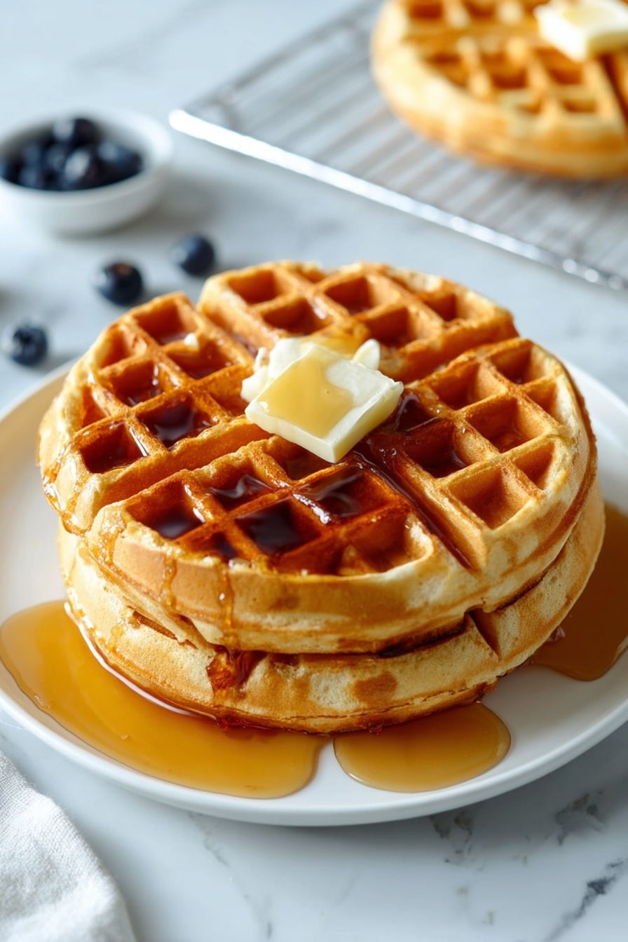 A close-up view of two thick golden waffles stacked on a white plate with deep square pockets filled with dark syrup. On the top waffle, there is a small square of melting butter with syrup drizzling down its sides. The waffles have crisp edges and a soft texture inside. The syrup pools slightly on the plate around the base of the stack. The background shows a white marbled texture with a partial view of another waffle stack blurred in the distance. photo taken with an iphone --ar 2:3 --v 7 - Classic Fluffy Waffle, fluffy waffle recipe, best waffle recipe, easy waffle recipe, homemade waffles