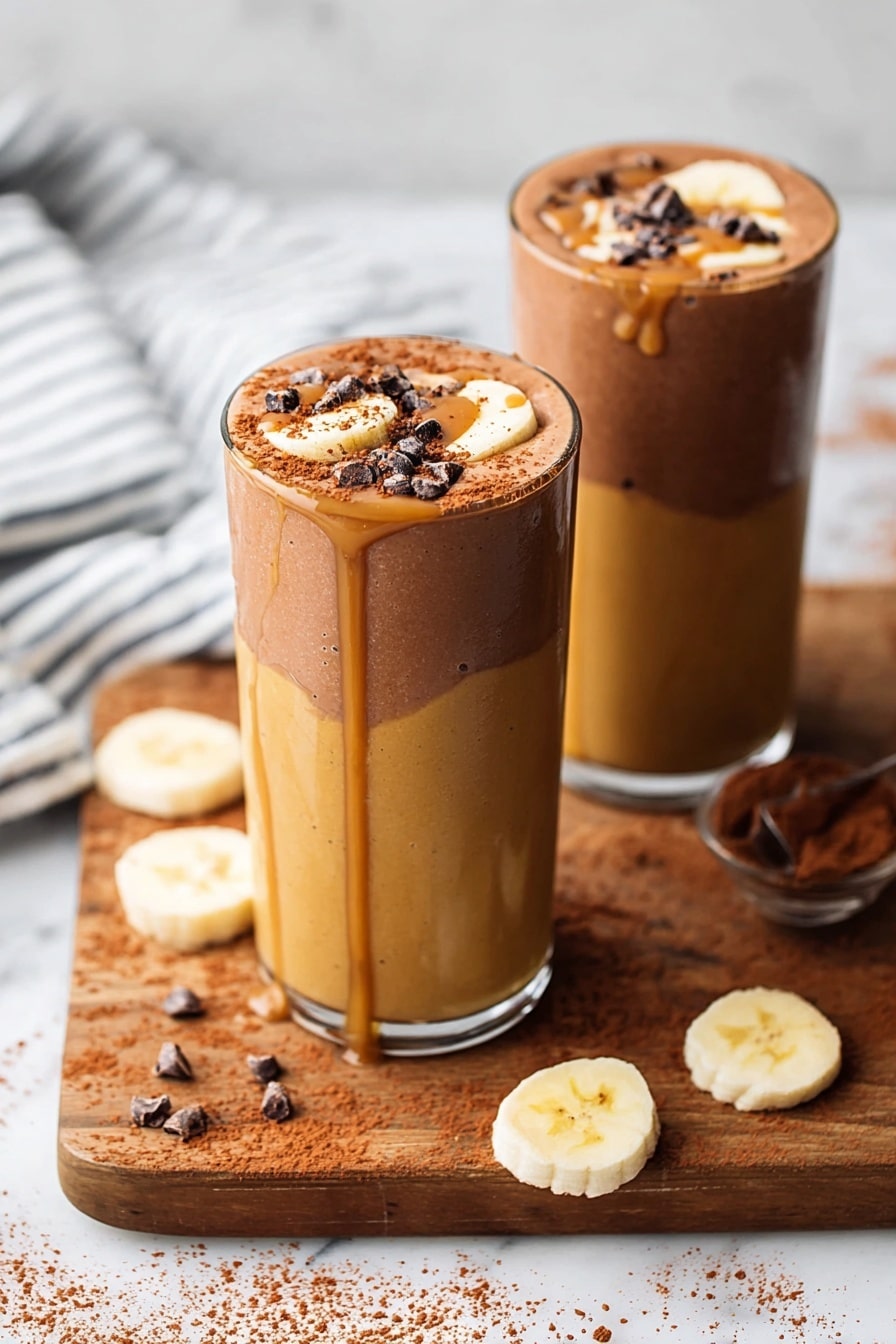 The image shows a tall clear glass filled with a thick creamy chocolate drink that has a smooth, rich brown color. The top layer has two white marshmallows slightly melted and sprinkled with dark chocolate shavings. A woman's hand is holding a silver spoon above the glass, dripping a glossy caramel sauce onto the marshmallows and chocolate surface. The glass sits on a rustic wooden cutting board with a warm brown texture, which rests on a white marbled surface. Around the board, there are scattered dark chocolate shavings and banana slices with soft yellow tones and a few specks of chocolate powder. Photo taken with an iphone --ar 2:3 --v 7 - Chocolate Peanut Butter Smoothie, Healthy Chocolate Peanut Butter Breakfast, Creamy Banana Smoothie, Easy Nut Butter Smoothie, Dairy-Free Chocolate Smoothie