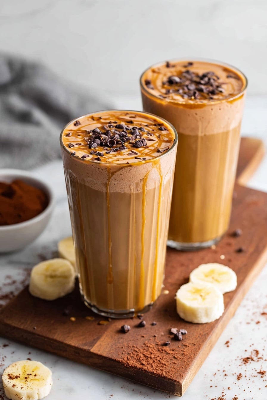 Two tall clear glasses filled with a layered smoothie sit on a wooden cutting board over a white marbled surface. Each glass has a bottom layer of thick golden caramel, topped with a light brown chocolate smoothie. The smoothie layer is smooth and creamy, with a drizzle of caramel sauce and small dark chocolate bits sprinkled on top. Around the cutting board, there are a few slices of fresh banana and scattered chocolate crumbs. In the background, a white bowl with cocoa powder and a grey cloth are placed softly out of focus. Photo taken with an iphone --ar 2:3 --v 7 - Chocolate Peanut Butter Smoothie, Healthy Chocolate Peanut Butter Breakfast, Creamy Banana Smoothie, Easy Nut Butter Smoothie, Dairy-Free Chocolate Smoothie