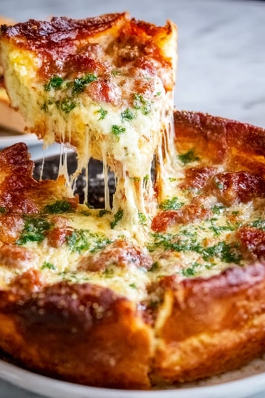 A close-up of a thick, deep-dish pizza slice being lifted from a white plate, with the cheese stretching in long strings. The pizza has a golden-brown thick crust that is crispy on the edges. Inside, there are layers of melted cheese, tomato sauce, bits of green herbs, and chunks of sausage mixed in. The top layer of cheese looks bubbly and lightly browned. The white plate sits on a white marbled surface. Photo taken with an iphone --ar 2:3 --v 7 - Savory Cheddar & Bacon Dutch Baby, Dutch Baby with Cheddar and Bacon, Easy Savory Dutch Baby Recipe, Cheddar Bacon Pancake, Brunch Dutch Baby