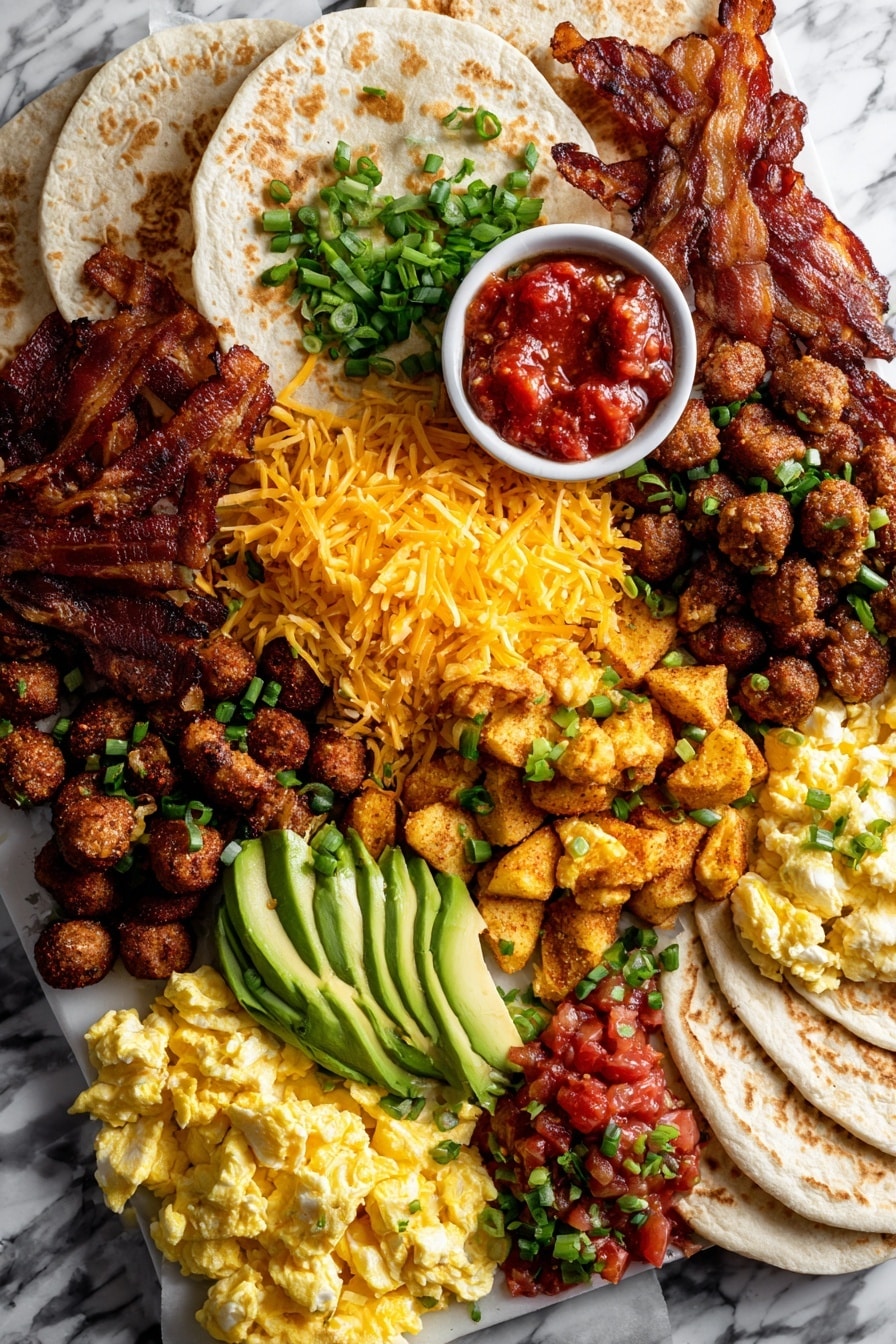 Flat lay of crispy cooked bacon strips, browned breakfast sausage crumbles, piles of shredded sharp cheddar cheese, golden crispy hash browns, soft scrambled eggs dotted with cream cheese chunks and chopped green onions, fresh sliced avocado, and vibrant red restaurant style salsa dollops, all beautifully arranged with warm flour tortillas near the edges, placed on a white marble surface, photo taken with an iphone --ar 2:3 --v 7 - The Only Breakfast Burrito Recipe You Need, easy breakfast burrito, hearty breakfast ideas, breakfast burrito ingredients, make-ahead breakfast burrito