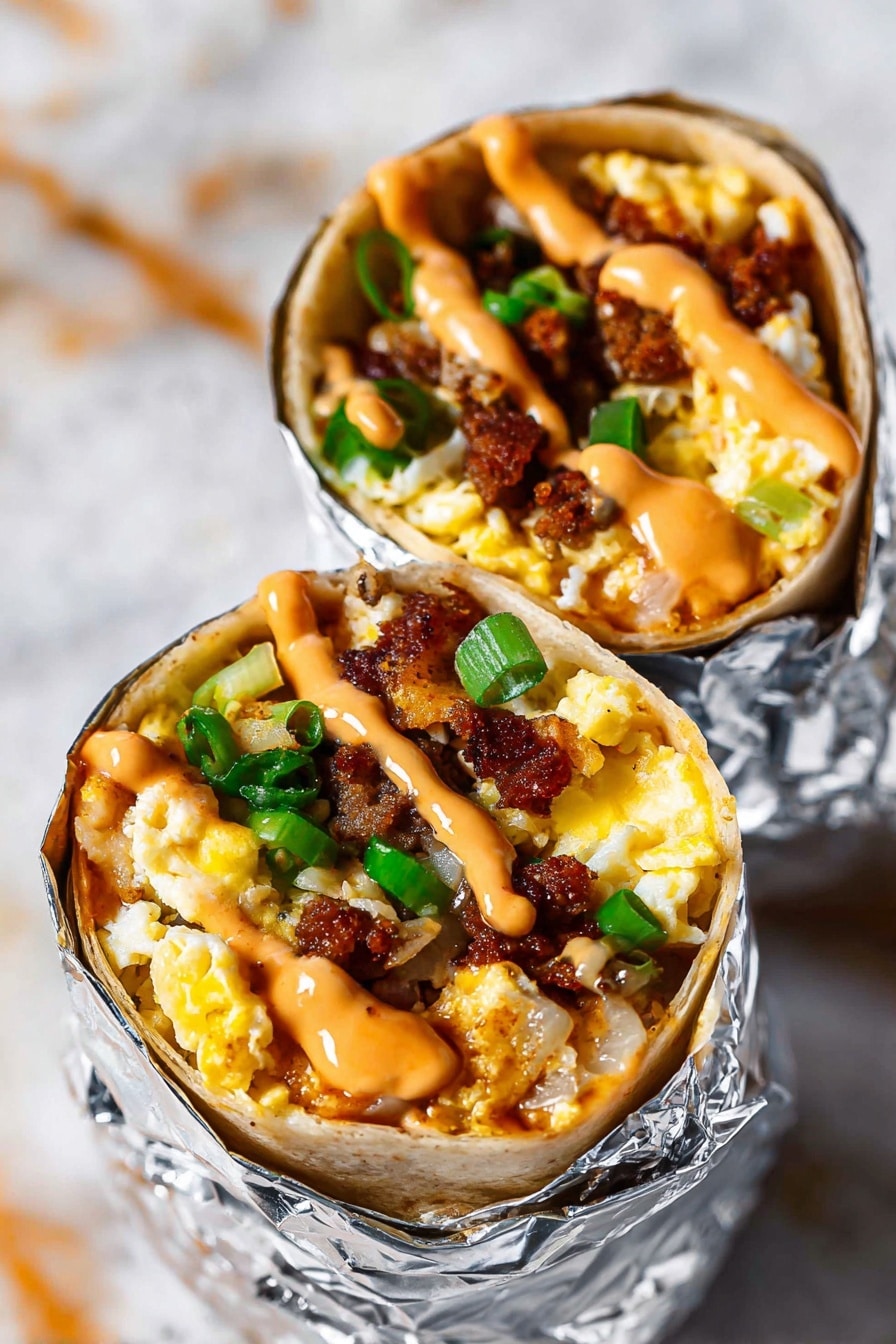 The image shows two breakfast burritos wrapped in shiny silver foil, standing upright. Each burrito has a soft light brown tortilla shell that is open at the top to reveal layers inside. The first layer consists of scrambled eggs with a creamy white and yellow color and a fluffy texture. On top of the eggs, there are small pieces of browned sausage meat and green sliced scallions scattered for color. A creamy orange sauce is drizzled over everything, giving a smooth and rich look. The burritos sit on a white marbled surface, and the photo is taken with an iphone --ar 2:3 --v 7 - The Only Breakfast Burrito Recipe You Need, easy breakfast burrito, hearty breakfast ideas, breakfast burrito ingredients, make-ahead breakfast burrito