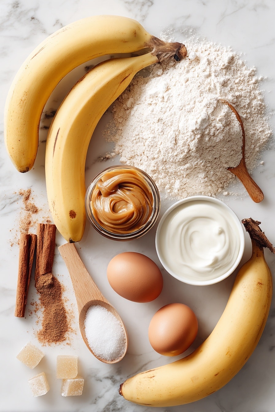 Flat lay of ripe yellow bananas, a small glass jar of creamy dulce de leche with a spoonful dripping, golden melted coconut oil in a clear bowl, a few cinnamon sticks and loose ground cinnamon powder, a mound of white whole wheat flour next to all-purpose flour, a small bowl of thick plain Greek yogurt, a couple of fresh brown eggs, and a scattering of white sugar crystals, all beautifully arranged with natural light highlighting their textures and colors, placed on a white marble surface, photo taken with an iphone --ar 2:3 --v 7 - Dulce de Leche Banana Bread, banana bread with dulce de leche, moist banana bread recipes, caramel banana bread, easy banana bread with dulce de leche