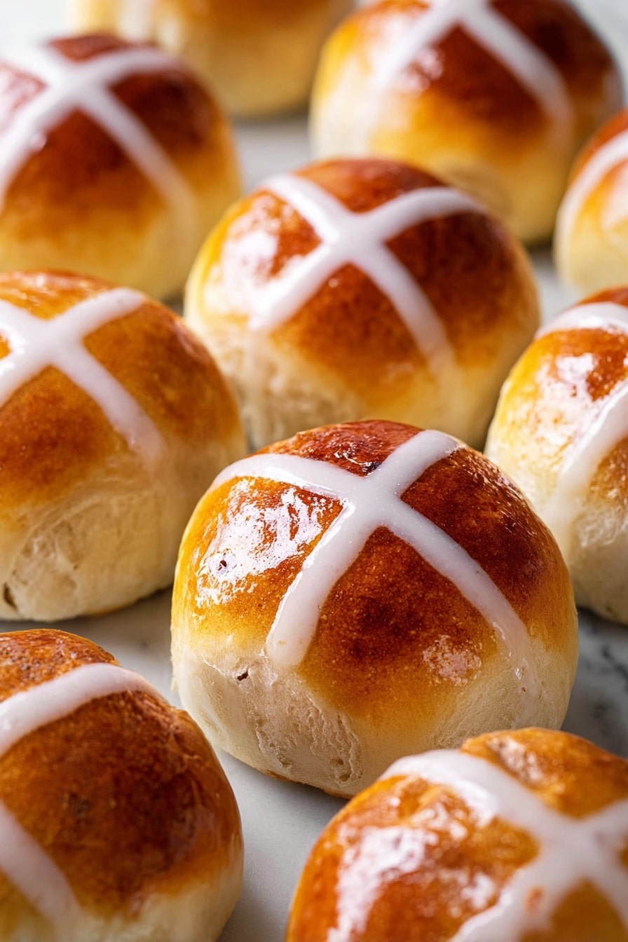 The image shows a close-up of soft round buns with a shiny golden-brown top layer and a light beige bottom layer. Each bun has a white cross made of icing on the top surface, creating a clear X shape. The buns are closely placed next to each other on a white marbled surface, highlighting their smooth, glossy texture and slight cracks on the sides. photo taken with an iphone --ar 2:3 --v 7 - Hot Cross Buns, Hot Cross Buns recipe, Easy Hot Cross Buns, Classic Hot Cross Buns, Spring Baking Hot Cross Buns