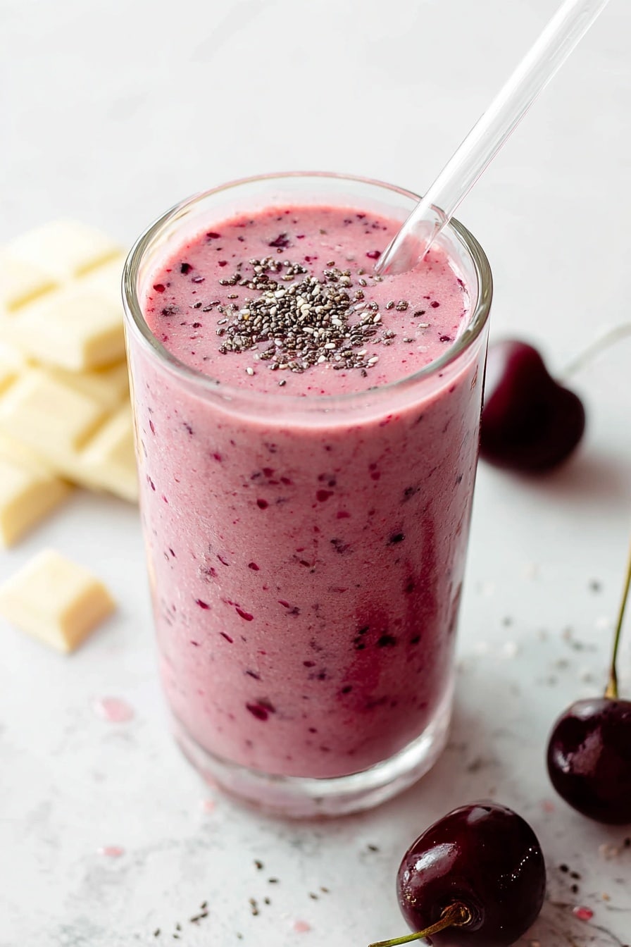 A tall clear glass filled with a thick pink smoothie that has small dark red and purple specks throughout, topped with small black chia seeds scattered on the surface. A white straw is inserted into the smoothie near the top right side. Around the glass on a white marbled surface, there are a few dark red cherries and blurred pieces of white chocolate in the background. The photo is bright with soft natural light. photo taken with an iphone --ar 2:3 --v 7 - Cherry Banana Pineapple Smoothie, tropical fruit smoothie, healthy fruit smoothie, quick nutritious drinks, vegan smoothie recipes