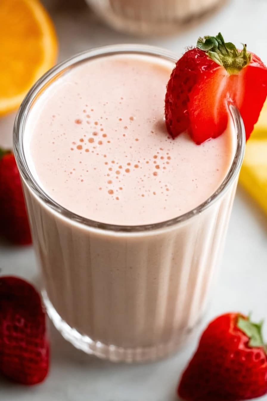 A tall clear ribbed glass filled with a light beige smoothie speckled with tiny darker dots, garnished with a bright red halved strawberry on the rim, is set on a white marbled surface. Around the glass are fresh strawberries, some whole and some halved to show their red inside and green tops, along with two banana slices placed in front. In the background, there is a slice of papaya with visible black seeds, and another tall ribbed glass with the same smoothie is slightly out of focus. A white and black striped cloth lays beside one halved strawberry adding a cozy touch. photo taken with an iphone --ar 2:3 --v 7 - Papaya and Strawberry Smoothie, tropical fruit smoothie, healthy smoothie recipes, easy summer drinks, vegan smoothie ideas