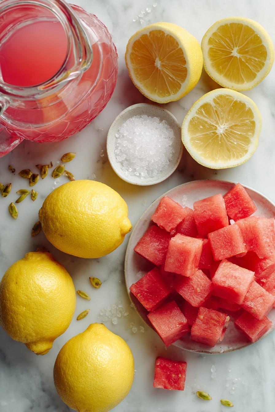 Flat lay of vibrant diced watermelon cubes, whole bright yellow lemons, freshly squeezed lemon halves showing juicy pulp, a small mound of white granulated sugar crystals, and a clear glass jug filled with pink watermelon lemonade, all beautifully arranged with scattered lemon seeds and a few watermelon seeds on a white marble surface, photo taken with an iphone --ar 2:3 --v 7 - Watermelon Lemonade, summer refreshing drinks, homemade fruit beverages, easy drink recipes, healthy summer drinks