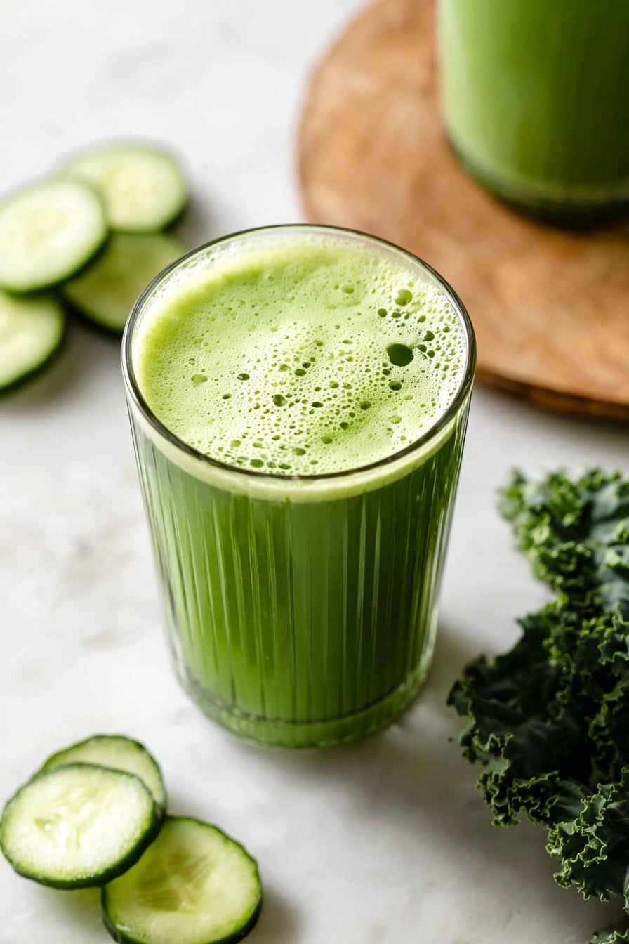 The image shows three clear glasses filled with a bright green juice. The juice has a frothy layer on top with small bubbles. The glass in the front is fully visible and sits on a white marbled surface. A small white round plate is partially seen behind the glass on the right side. There are a few slices of cucumber on the white marbled surface near the glasses. The lighting is soft and natural. photo taken with an iphone --ar 2:3 --v 7 - Green Juice, Green Juice Recipe, Healthy Green Juice, Fresh Juice Recipe, Quick Green Smoothie