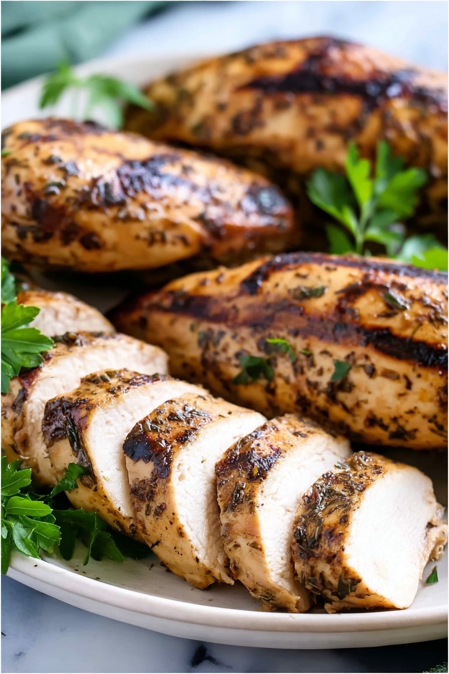 The image shows a white plate on a white marbled surface with four pieces of grilled chicken. Three pieces are whole, with a browned skin and visible herbs and spices on the surface, creating a textured look. One piece is sliced into several thick layers, showing a white, juicy inside with browned skin on the edges. Green leafy parsley is placed around the chicken as decoration. In the background, there is a white bowl filled with a colorful salad of green leaves and red cherry tomatoes, slightly blurred to keep the focus on the chicken. Photo taken with an iphone --ar 2:3 --v 7 - Air Fryer Lemon Herb Chicken Breasts, lemon herb chicken, healthy chicken recipes, quick chicken dinner, easy air fryer chicken