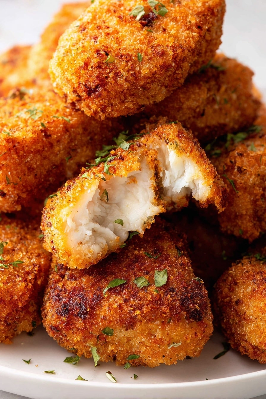 The image shows a close-up view of several golden-brown breaded nuggets stacked on a white plate, placed on a white marbled surface. Each nugget has a crisp, textured outer layer with specks of green herbs scattered on top. The center nugget is broken open, revealing a moist and tender white inside. The colors range from deep golden browns on the crunchy crust to bright white inside, creating a strong contrast. The focus highlights the crumbly texture of the breading and the juiciness of the inside. photo taken with an iphone --ar 2:3 --v 7 - Air Fryer Chicken Nuggets, healthy chicken nuggets, crispy chicken bites, easy air fryer recipes, kid-friendly snacks