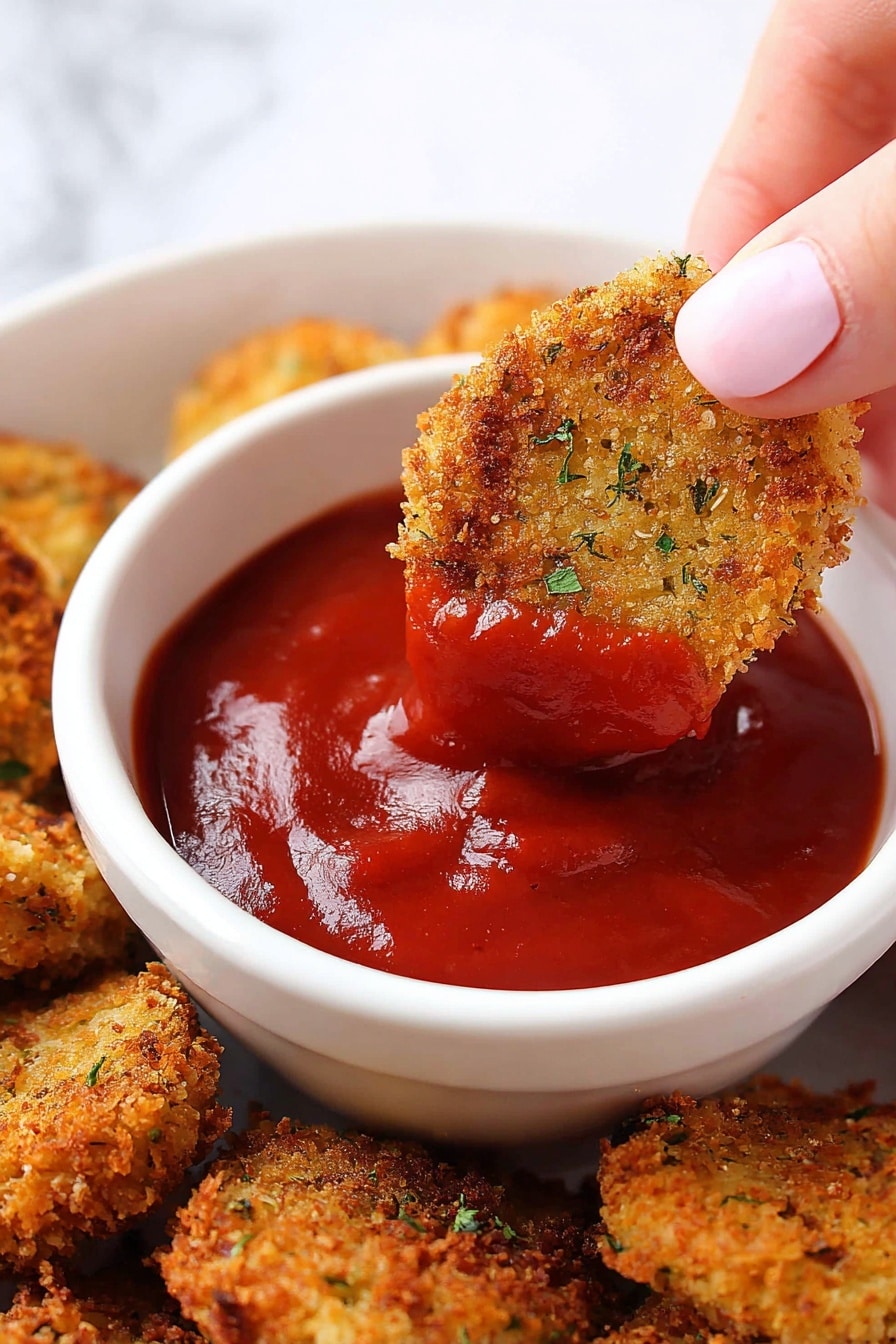 A white bowl filled with thick, smooth, bright red ketchup sits in the center. A woman's hand is holding a small, golden-brown crispy nugget with a rough texture and some green herbs sprinkled on top, dipping it halfway into the ketchup. Around the bowl, there are several more nuggets with the same golden, crunchy crust and green herb bits. The background is a white marbled texture. photo taken with an iphone --ar 2:3 --v 7 - Air Fryer Chicken Nuggets, healthy chicken nuggets, crispy chicken bites, easy air fryer recipes, kid-friendly snacks