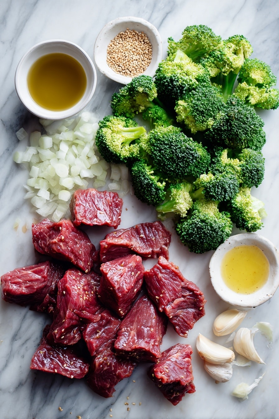 Flat lay of thinly sliced boneless beef chuck roast, bright green broccoli florets cut into bite-size pieces, finely chopped white onion, whole garlic cloves, dark brown sugar crystals, glossy soy sauce in a small puddle, toasted sesame seeds scattered delicately, and a small pool of golden sesame oil, all beautifully arranged on a white marble surface, photo taken with an iphone --ar 2:3 --v 7 - Pressure Cooker Beef and Broccoli, quick beef stir-fry, healthy pressure cooker dinner, homemade beef broccoli dish, easy weeknight beef recipes