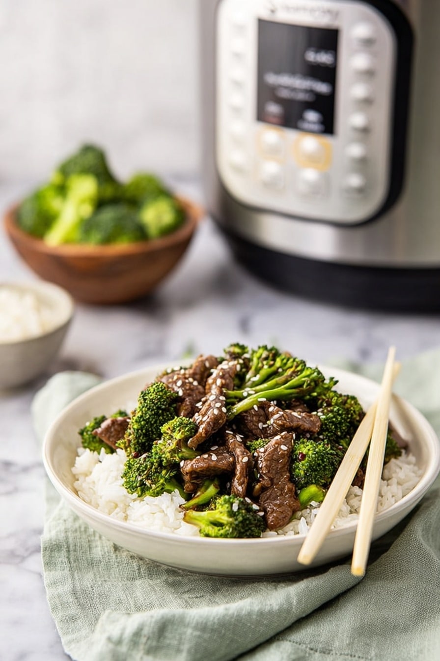 A white bowl filled with a base layer of white rice topped with a layer of cooked beef pieces and bright green broccoli florets mixed together, sprinkled with small white sesame seeds. The bowl is placed on a slightly wrinkled light green cloth on a white marbled surface. Beige chopsticks rest on the bowl's edge, pointing outwards. In the background, there is a stainless steel Instant Pot with a digital display, and a small wooden bowl holding fresh green broccoli. The scene is softly lit with a clean, simple style. Photo taken with an iphone --ar 2:3 --v 7 - Pressure Cooker Beef and Broccoli, quick beef stir-fry, healthy pressure cooker dinner, homemade beef broccoli dish, easy weeknight beef recipes