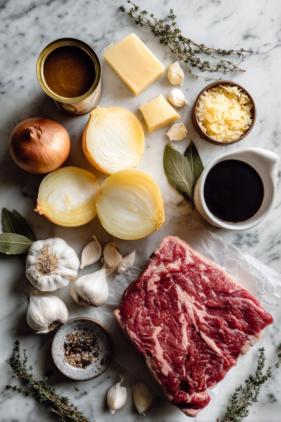 Flat lay of thickly sliced yellow onions, whole bay leaf, peeled garlic cloves, fresh dried thyme leaves scattered, small pile of dehydrated onion flakes, a rich slab of raw chuck roast beef, a small bowl of dark Worcestershire sauce, a can of condensed French onion soup, and a cup of beef broth, all beautifully arranged with natural light highlighting their textures, placed on a white marble surface, photo taken with an iphone --ar 2:3 --v 7 - Instant Pot French Onion Pot Roast, French Onion Pot Roast, Instant Pot Beef Roast, Easy French Onion Pot Roast, Slow Cooker French Onion Roast