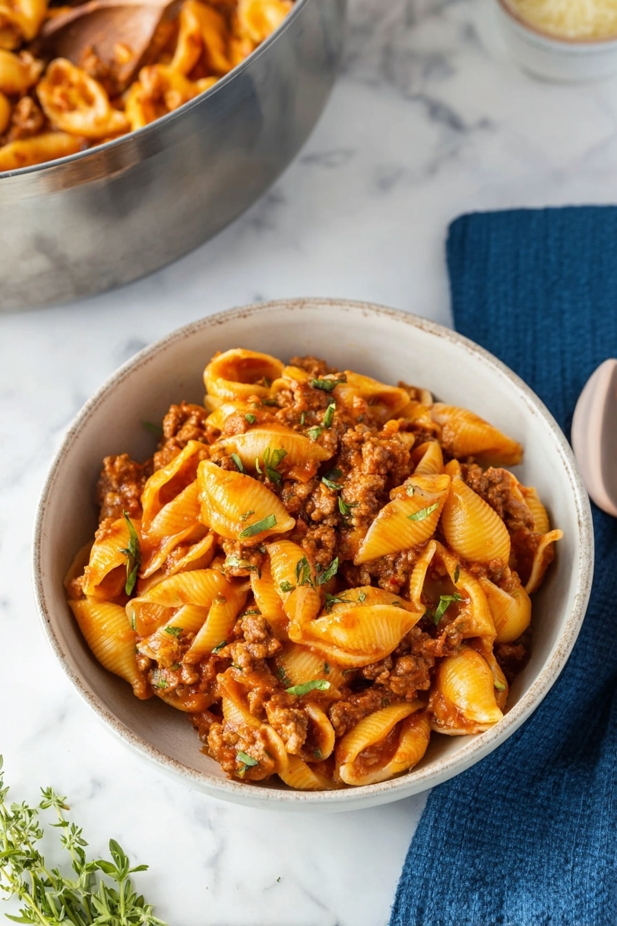 A round white bowl filled with three layers of pasta shells mixed with ground meat and a reddish-orange sauce, the shells are yellow and slightly shiny, the meat pieces are brown and chunky, scattered with small green herb leaves. The bowl is placed on a white marbled surface next to some green herb sprigs and a folded blue cloth napkin. In the background, a metal pot with more of the pasta mix is partially visible. Photo taken with an iphone --ar 2:3 --v 7 - Instant Pot Taco Pasta, taco pasta recipe, easy instant pot dinners, quick pasta recipes, family-friendly taco pasta