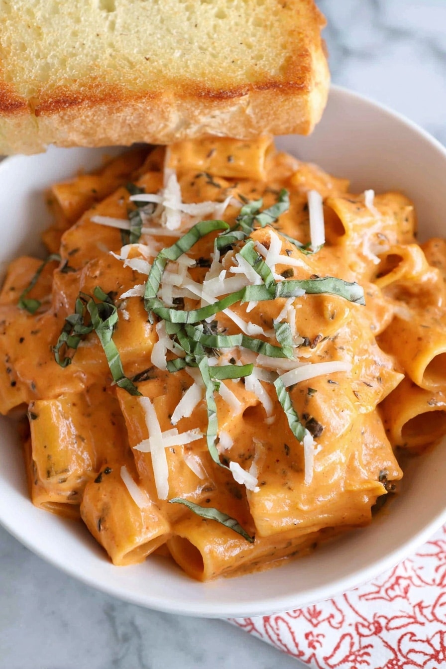 A white bowl filled with rigatoni pasta covered in thick, creamy orange-colored sauce with visible herbs mixed in. The pasta is topped with thin green strips of fresh basil and scattered shreds of white cheese. Behind the pasta, there is a large light golden toasted bread slice. The bowl is placed on a white marbled surface with a patterned cloth underneath. photo taken with an iphone --ar 2:3 --v 7 - Instant Pot Creamy Baked Ziti, quick cheesy pasta, easy pressure cooker ziti, creamy baked ziti dinner, fuss-free pasta recipes
