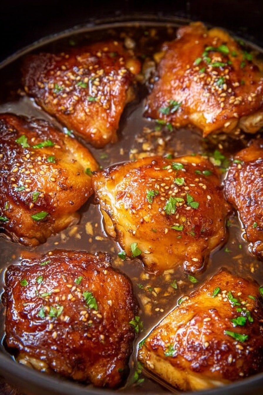 The image shows five pieces of cooked chicken thighs with a shiny, caramelized golden-brown skin sitting in a shallow pool of brown sauce with sesame seeds and small bits of garlic. The chicken pieces are arranged closely inside a dark pan, with small spots of chopped green herbs scattered on top for color. The sauce looks thick and glossy, partially covering the chicken to create a rich texture. The background is a white marbled texture photo taken with an iphone --ar 2:3 --v 7 - Slow Cooker Brown Sugar Garlic Chicken, easy slow cooker chicken recipes, tender garlic chicken thighs, brown sugar chicken dinner, effortless slow cooker chicken