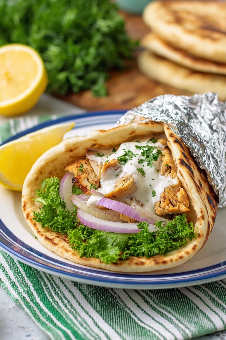 A pita wrap is shown on a white plate with a blue rim sitting on a striped green and white cloth over a white marbled surface. The wrap has three main layers visible: the first layer is green leafy lettuce at the bottom, next is a layer of cooked light golden-brown chicken pieces mixed with thin slices of purple onion, and the top layer is a thick white sauce covering the chicken. The pita bread is light beige with brown toasted spots and is partially wrapped in shiny silver foil around the back. On the plate next to the wrap are a lemon wedge and a small bunch of green parsley. A blurred background shows some more pita bread and green leafy plants. photo taken with an iphone --ar 2:3 --v 7 - Slow Cooker Chicken Shawarma, Chicken Shawarma with Yogurt Sauce, Middle Eastern Chicken Recipes, Easy Shawarma Dinner, Tender Chicken Shawarma
