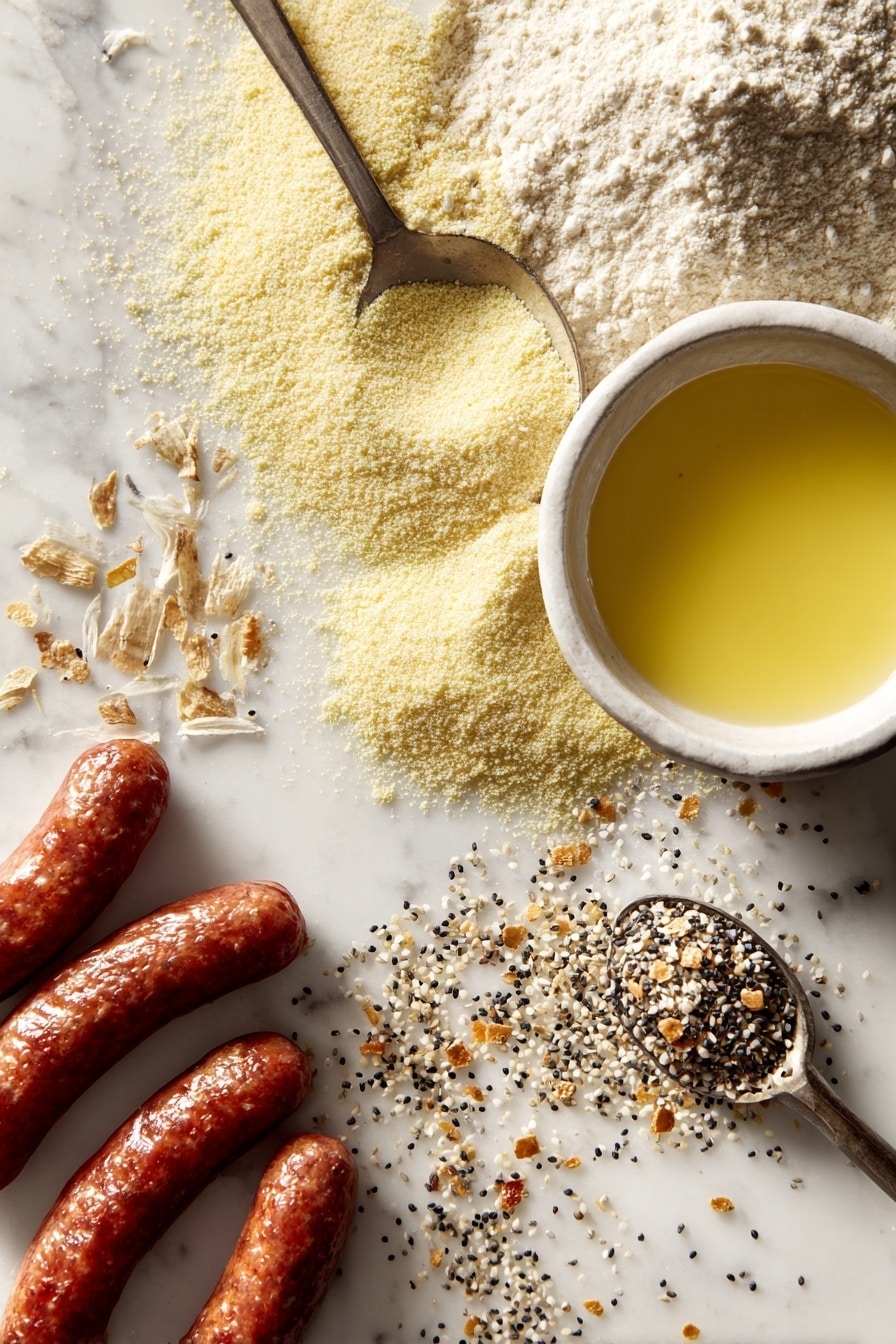 Flat lay of golden crescent roll dough triangles, small smoky sausages, a small bowl of melted butter glistening, and a generous sprinkle of everything bagel seasoning with sesame seeds, poppy seeds, dried garlic, and onion flakes scattered artistically, placed on a white marble surface, photo taken with an iphone --ar 2:3 --v 7 - Pigs in a Blanket with Everything Bagel Seasoning, pig in a blanket, everything bagel seasoning snacks, easy party appetizers, savory finger foods