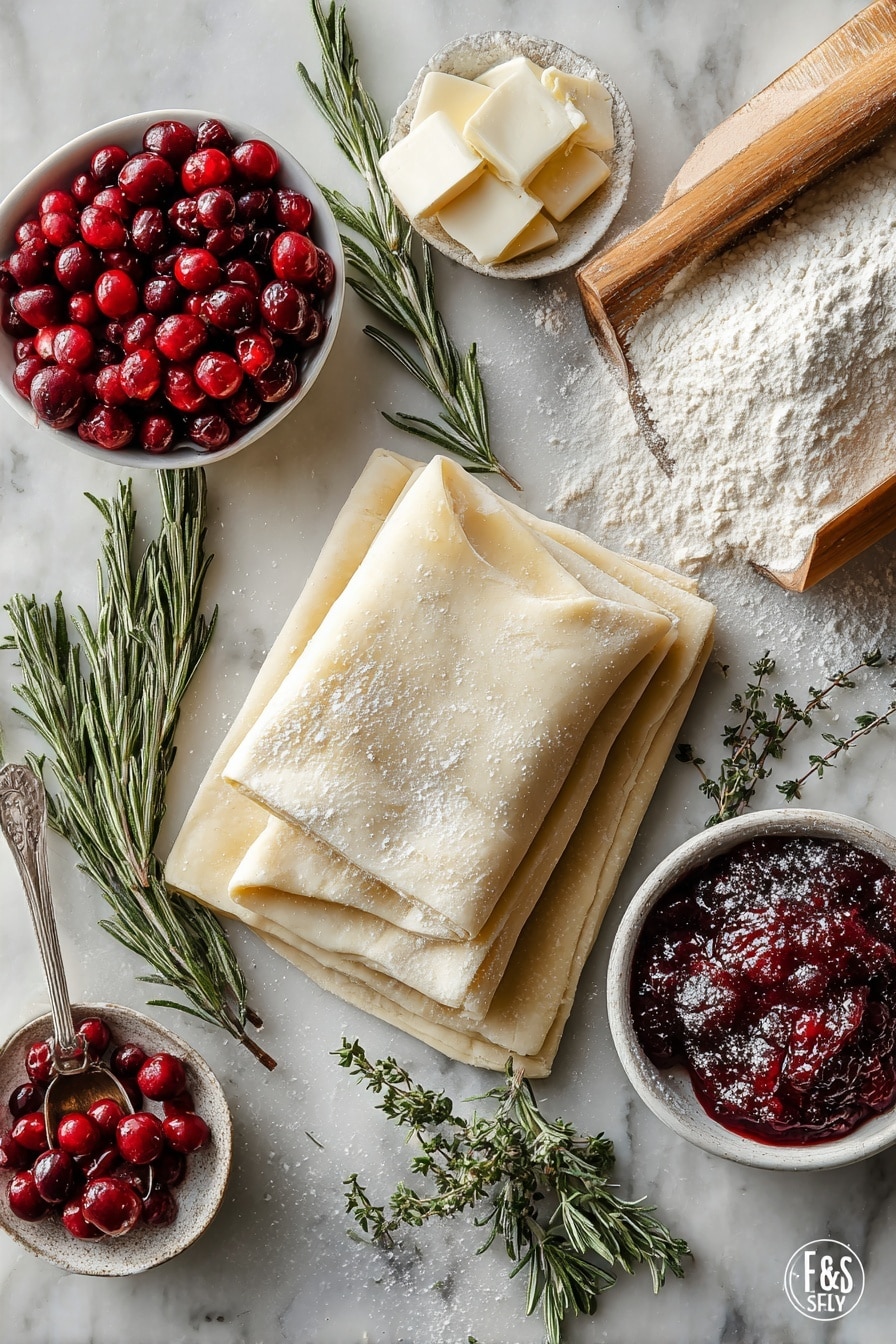 Flat lay of creamy brie cheese wedges, glossy whole berry cranberry sauce with visible berries, fresh green rosemary sprigs with needle-like leaves, soft pale crescent dough sheets gently folded, all beautifully arranged with a dusting of fine white flour scattered artfully around, placed on a white marble surface, photo taken with an iphone --ar 2:3 --v 7 - Cranberry Brie Bites, Brie appetizer with cranberry sauce, easy holiday appetizers, savory cranberry bites, party finger foods