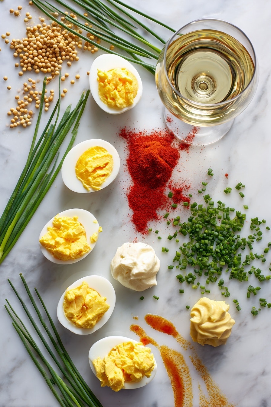 Flat lay of peeled hard-boiled eggs halved to show bright yellow yolks, a small bowl of creamy full-fat mayonnaise, a block of smooth cream cheese, a spoonful of coarse stone ground mustard, a small glass of white wine vinegar, a few fresh green chives finely chopped, a sprinkle of vibrant red paprika powder, and a small dish of fiery red hot sauce, all beautifully arranged on a white marble surface, photo taken with an iphone --ar 2:3 --v 7 - Deviled Eggs Dip, easy deviled eggs dip, creamy egg dip, party appetizer dip, quick snack recipe