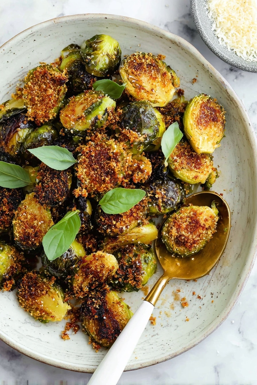 The image shows a close-up of roasted Brussels sprouts arranged in neat rows on a white baking sheet with a crispy, golden-brown seasoning layer spread evenly beneath them. Each Brussels sprout is cut in half, showing their bright green inner layers with slightly charred, dark brown and blackened edges. The texture of the sprouts looks soft and caramelized, while the seasoning underneath appears crumbly and crunchy. The baking sheet sits on a white marbled surface. photo taken with an iphone --ar 2:3 --v 7 - Oven Roasted Parmesan Brussels Sprouts, roasted Brussels sprouts, Parmesan Brussels sprouts side dish, healthy vegetable side, easy Brussels sprouts recipe
