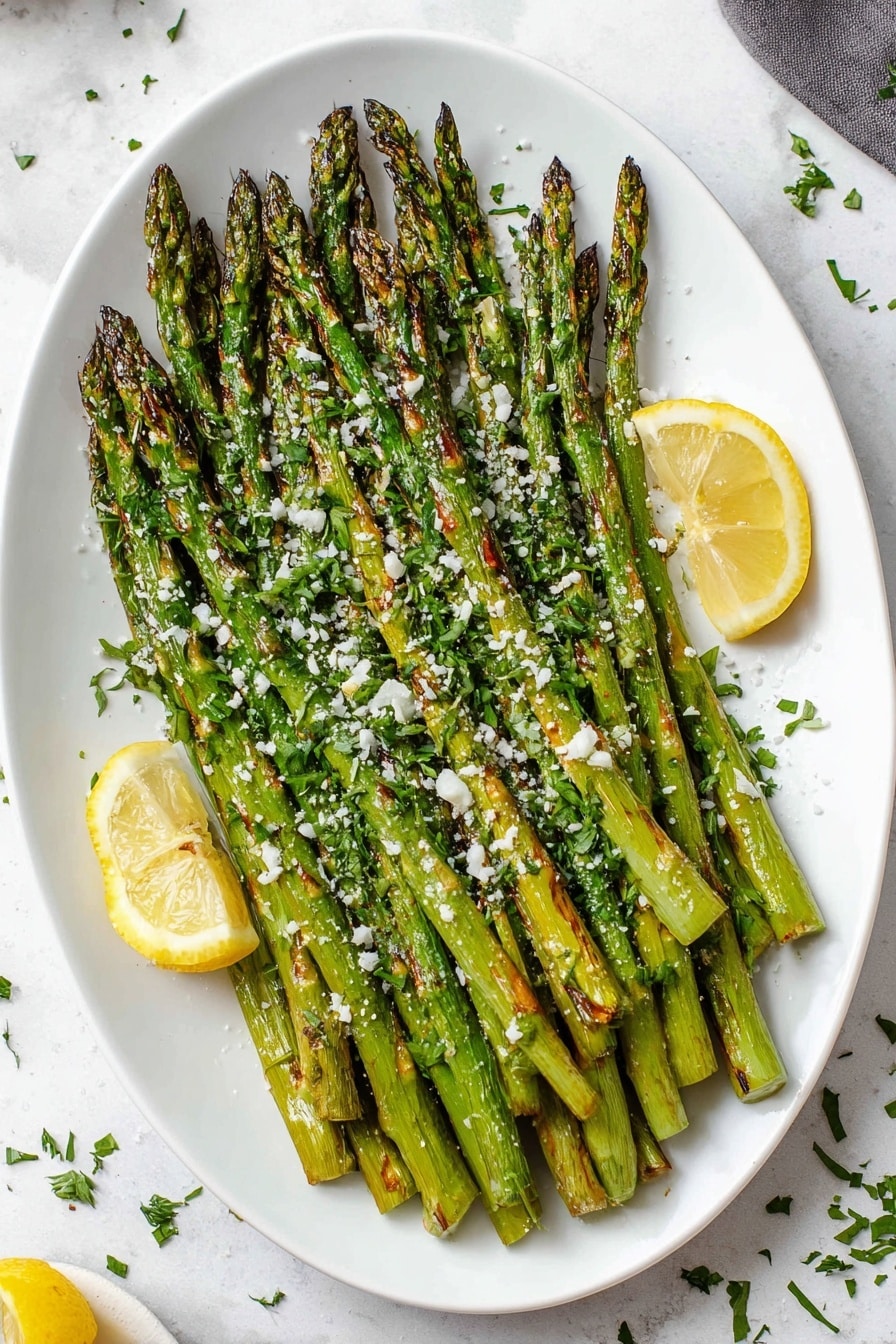 A white oval plate holds a single layer of grilled asparagus spears neatly arranged in parallel, showing a vibrant mix of green shades with some charred brown spots from cooking. The asparagus is topped with small, scattered white grated cheese and bright green chopped herbs. Two lemon wedges are tucked under the asparagus at opposite sides of the plate, adding touches of yellow. The plate rests on a white marbled surface with scattered bits of herbs and cheese nearby. photo taken with an iphone --ar 2:3 --v 7 - Garlic Parmesan Roasted Asparagus, roasted asparagus side dish, garlic asparagus recipe, healthy asparagus recipes, easy vegetable sides