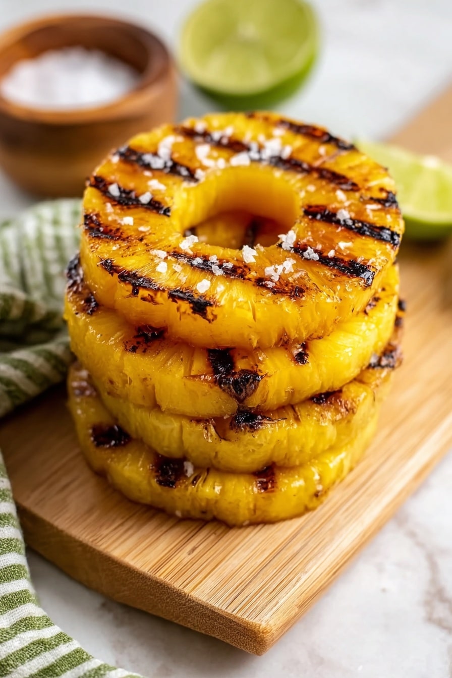 The image shows a stack of four bright yellow grilled pineapple rings with dark brown grill marks on each slice. The pineapple rings are stacked one on top of another on a light wooden board placed on a white marbled surface. Some coarse salt is sprinkled over the top pineapple ring. In the background, there is a small wooden bowl filled with salt and a green lime wedge partially visible. A green and white striped cloth is placed to the left side of the wooden board. Photo taken with an iphone --ar 2:3 --v 7 - Grilled Pineapple with Lime and Coconut, tropical grilled pineapple, pineapple dessert ideas, summer fruit recipes, easy grilled pineapple