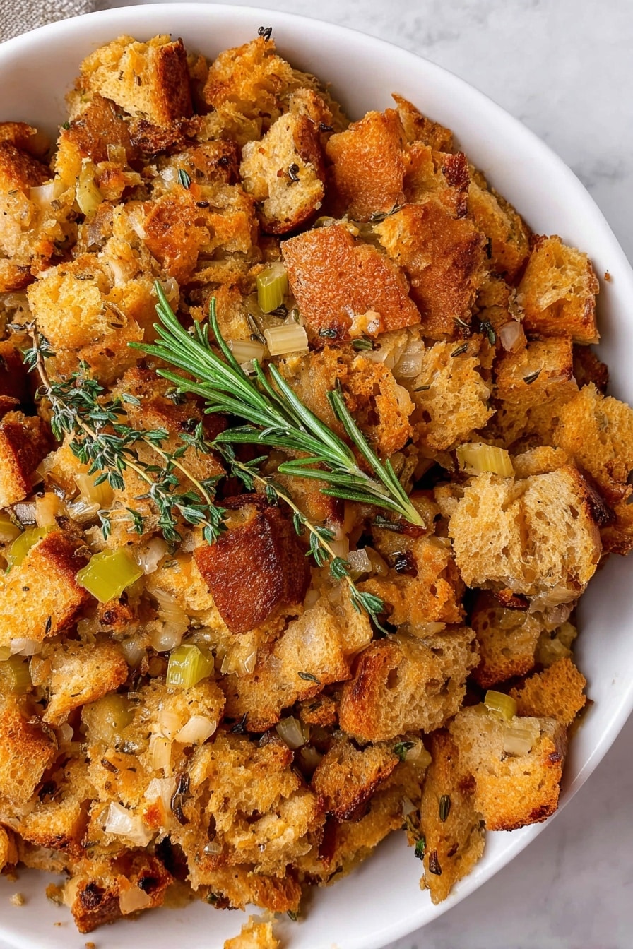The image shows a white bowl filled with a single layer of golden-brown bread stuffing. The stuffing has different sized pieces of toasted bread mixed with small chunks of soft celery and bits of herbs. The bread pieces vary in color from light golden to deeper brown, showing a crunchy texture on some edges. On top of the stuffing, there are fresh green sprigs of rosemary and thyme adding a touch of green color. The bowl sits on a white marbled surface with a small shadow visible at the edge. Photo taken with an iphone --ar 2:3 --v 7 - Grandma's Thanksgiving Turkey Stuffing, classic holiday stuffing recipe, easy Thanksgiving stuffing, homemade stuffing for Thanksgiving, family favorite stuffing